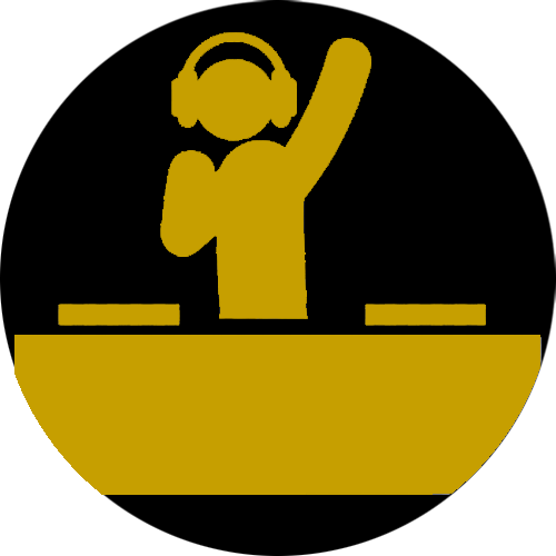 Yellow stick figure of a DJ wearing headphones raising an arm in the air.