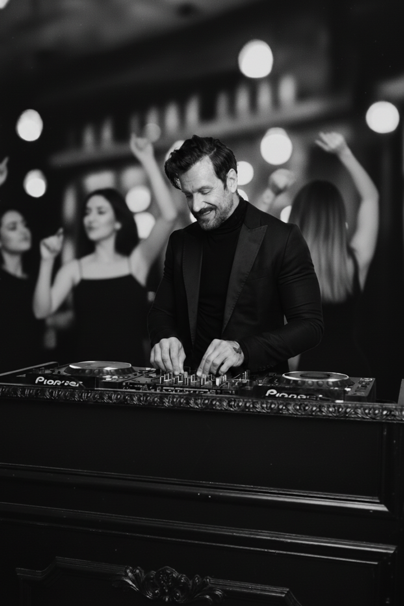 Corporate Event DJ Adam Subtract'em DJs in a dark room with a dancing crowd, focused on mixer knobs.