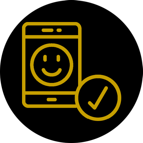 Yellow line drawing of a smart phone with a smiley face next to a check mark.