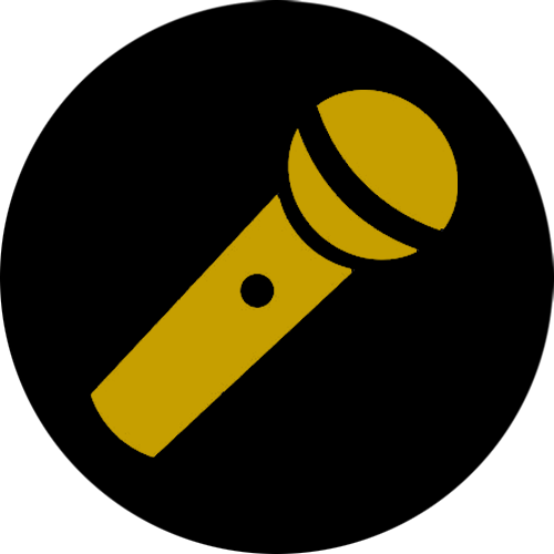 Yellow vector image of a microphone agains black background.