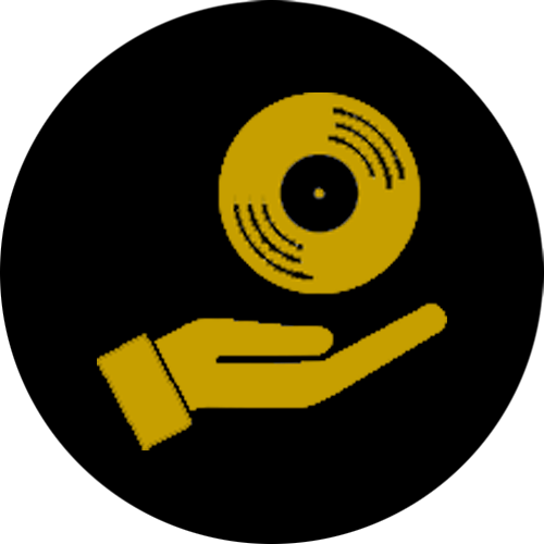 Yellow line drawing of hand holding a record