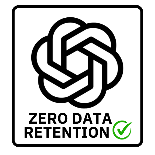 Icon with a geometric design and the text "Zero Data Retention" with a green check mark.