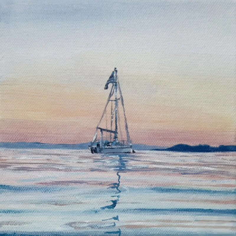A watercolor painting of a sailboat on calm water during sunset or sunrise with a colorful sky and distant land.