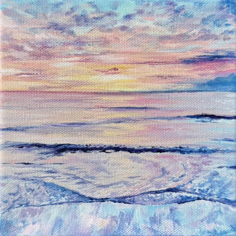 Watercolor painting of a sunset over a calm ocean with pastel-colored sky and gentle waves.
