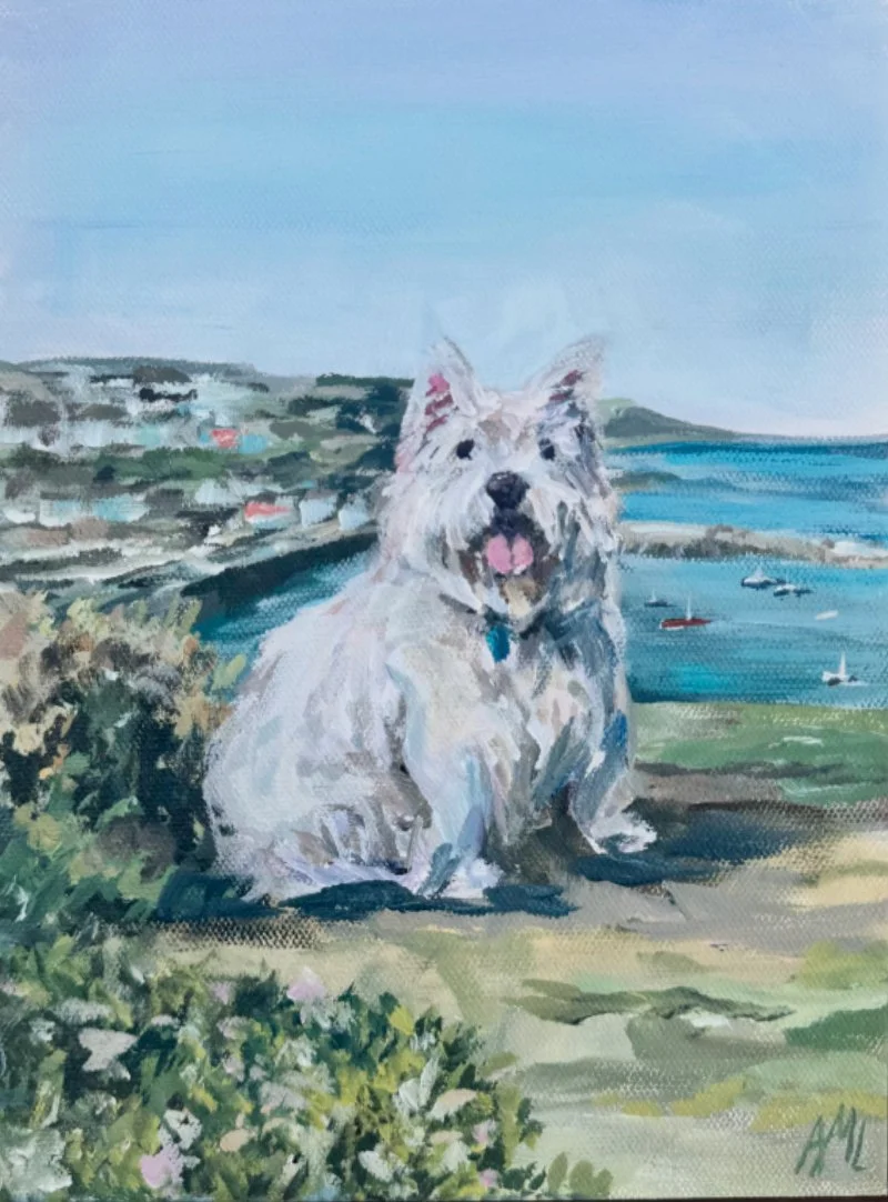 A painting of a West Highland White Terrier dog sitting outdoors on a grassy patch with a coastal landscape in the background, including blue water, boats, and a shoreline under a partly cloudy sky.