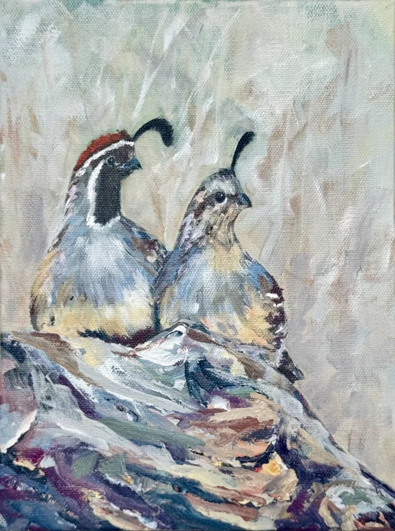 Painting of two grouse birds perched on rocky terrain with a blurred natural background.