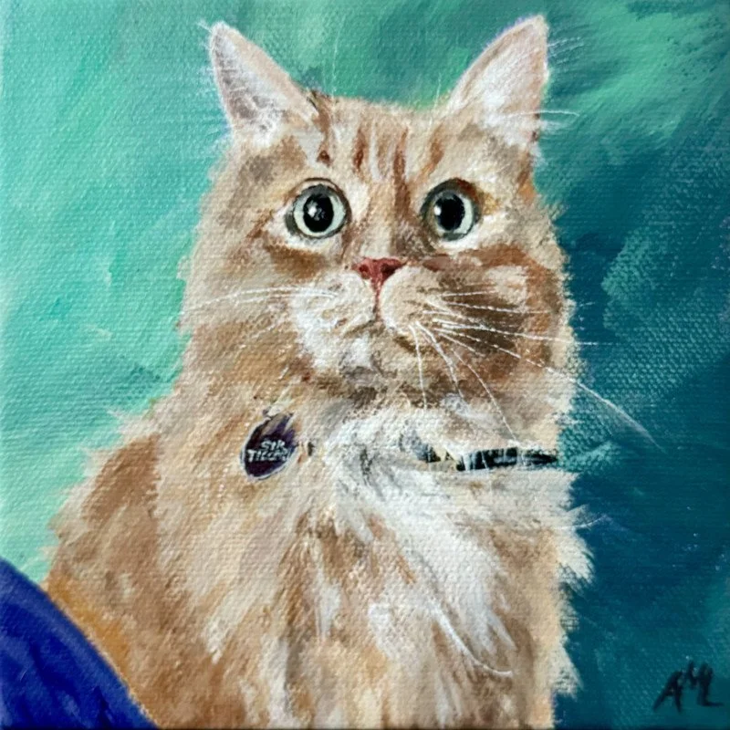Painting of a brown tabby cat with green eyes, wearing a collar with a tag, against a teal background.
