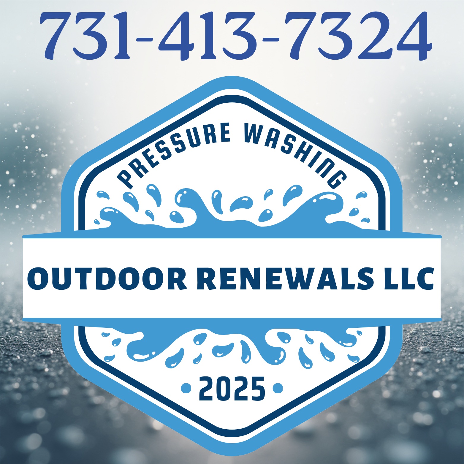 Business logo for Outdoor Renewals LLC with text, a water splash graphic, and a phone number at the top.