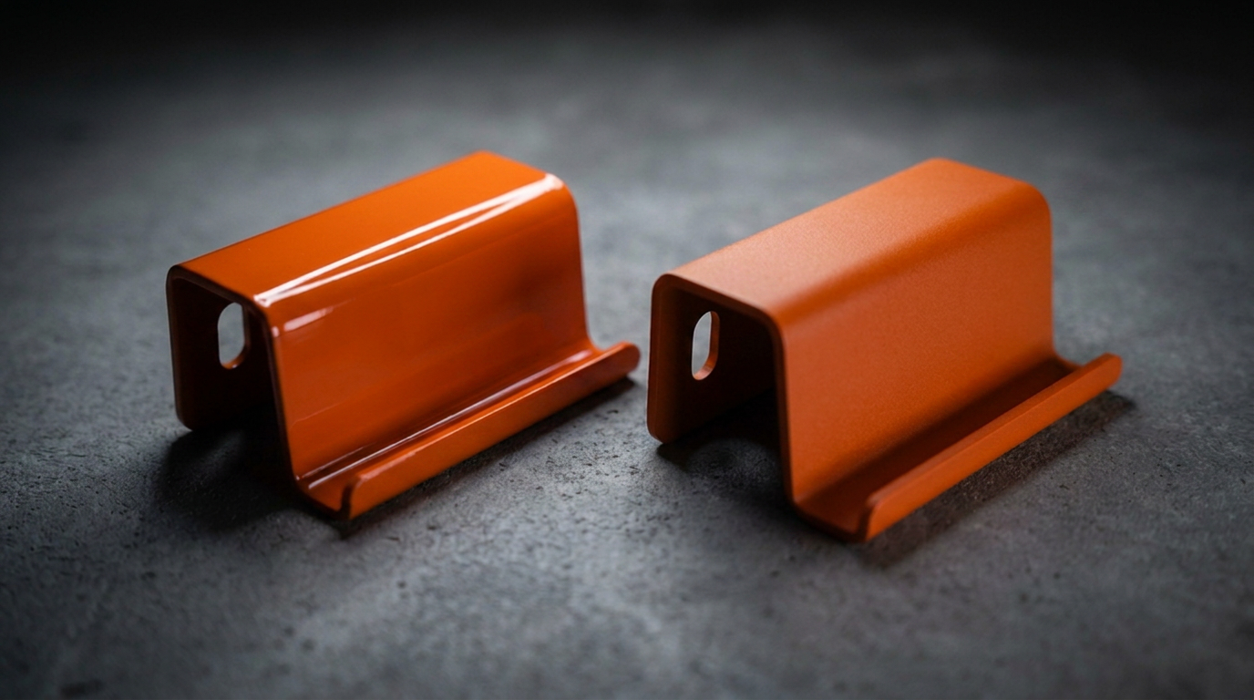 Pulverlackerad bockad detalj i RAL 2004 ren orange (Pure orange) — blank glans 80 till vänster, matt glans 30 till höger — Scandcut.