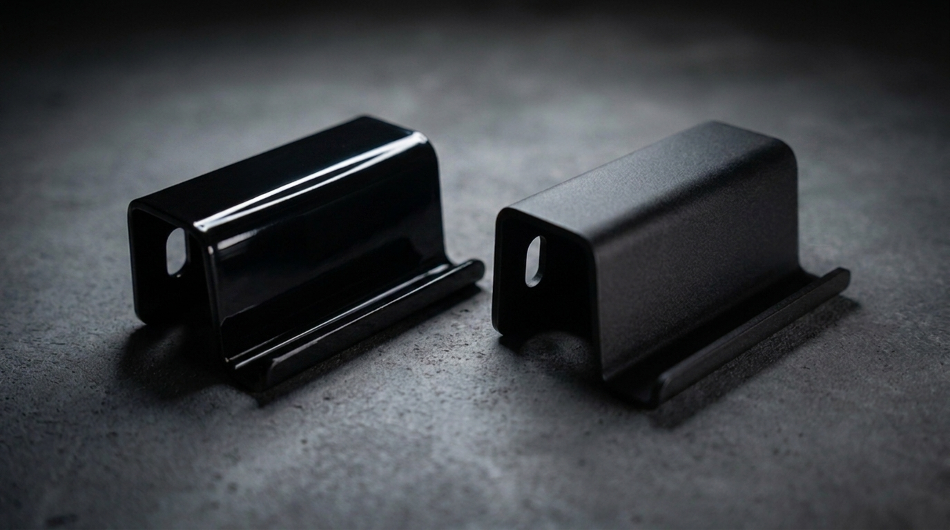 Pulverlackerad bockad detalj i RAL 9005 jetsvart (Jet black) — blank glans 80 till vänster, matt glans 30 till höger — Scandcut.