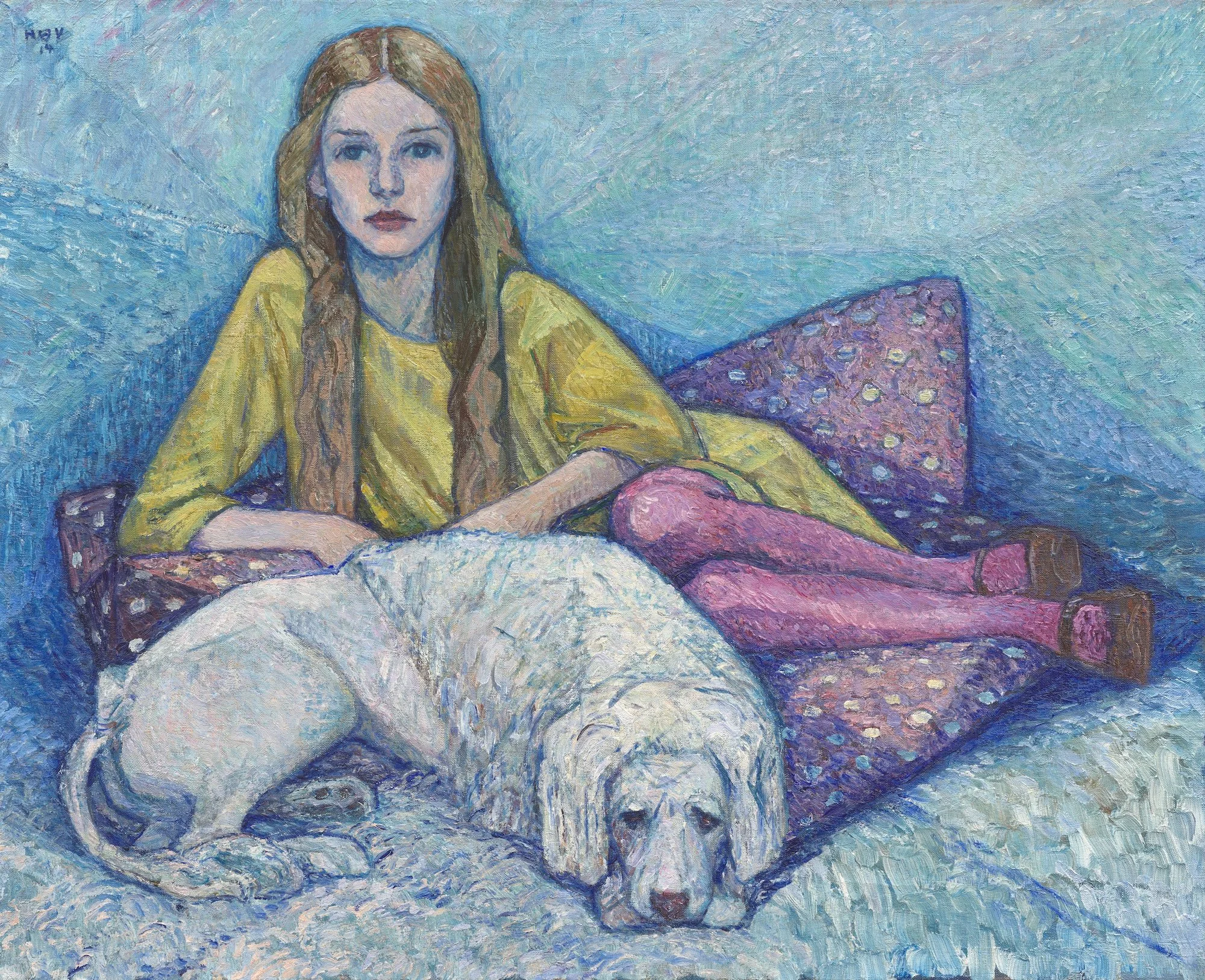 Heinrich Vogeler, Gemälde: Mieke mit Pudel, 1914. Link zum Barkenhoff.