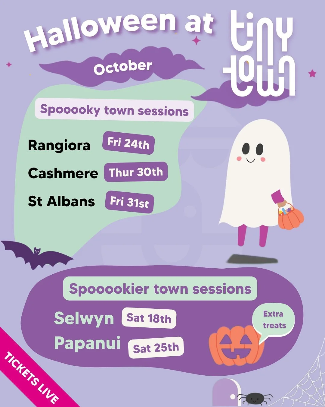 Here&rsquo;s our full updated Halloween schedule with the addition of Rangiora!

Many of these sessions have just a handful of spaces left (Papanui tickets are 95% gone!) so make sure to grab a spot if you don&rsquo;t want to miss out 🎃

Any tickets