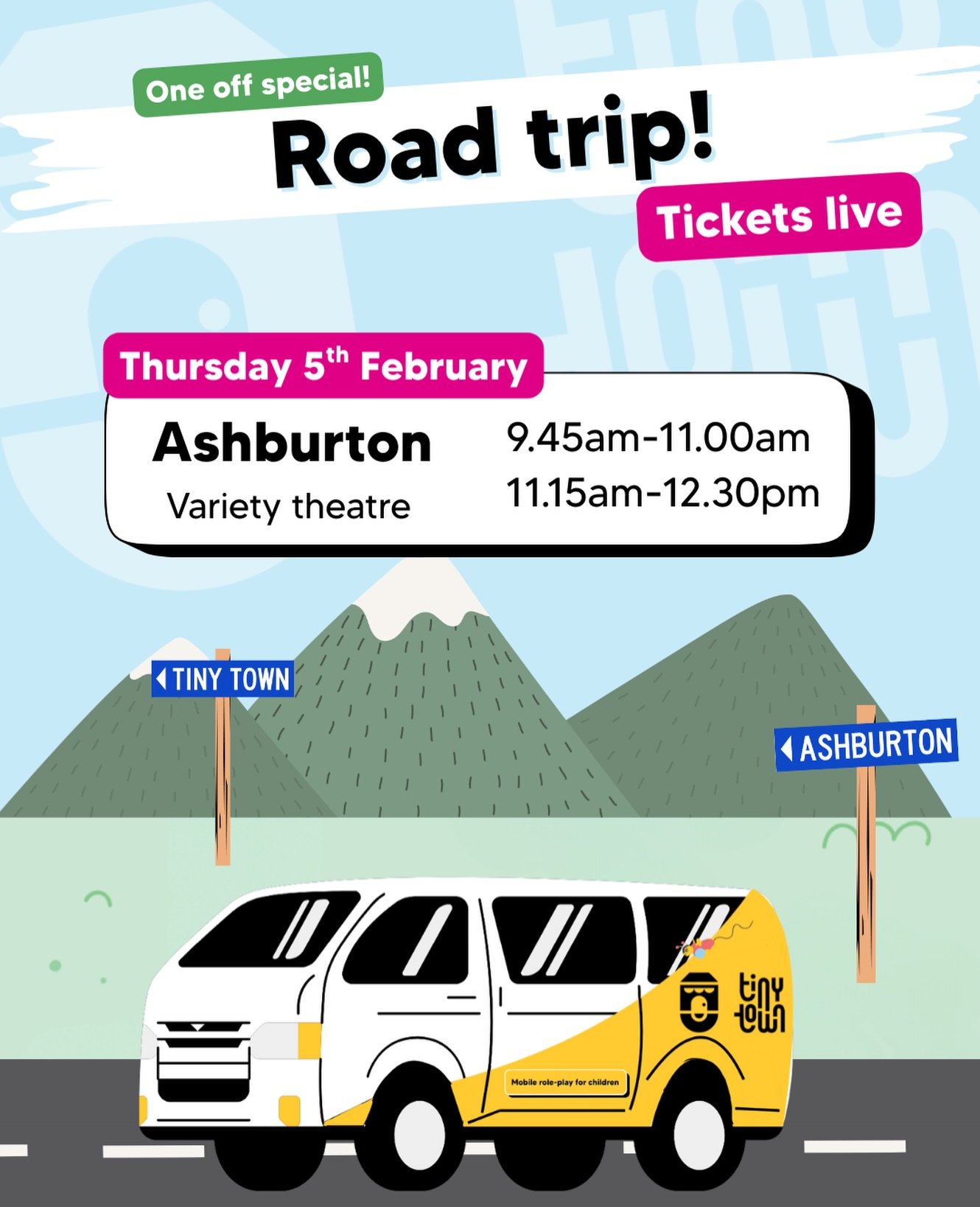Tell your mid Canterbury friends - we&rsquo;re on the road to Ashburton for the first time next month!

We&rsquo;re pretty excited about this one and to bring Tiny Town adventures to some little friends a bit further afield 🚐 

Tickets available on 