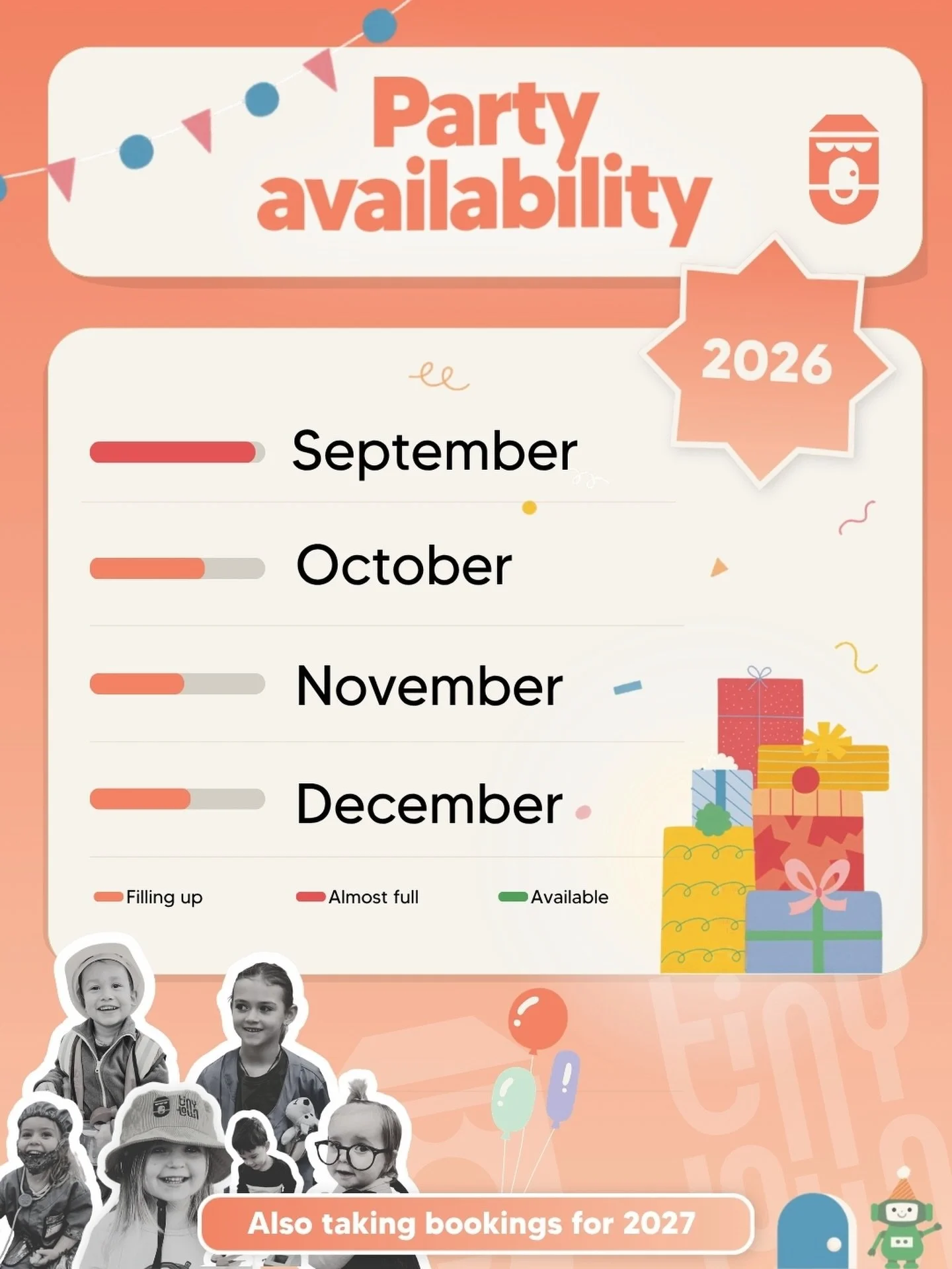 Thank you so much for all the interest in a party with us! 

If you missed it, we recently made some exciting upgrades to our party packages 🥳 they now include at least up to 15 children! (Was previously 12)

September is looking chocka, and the res