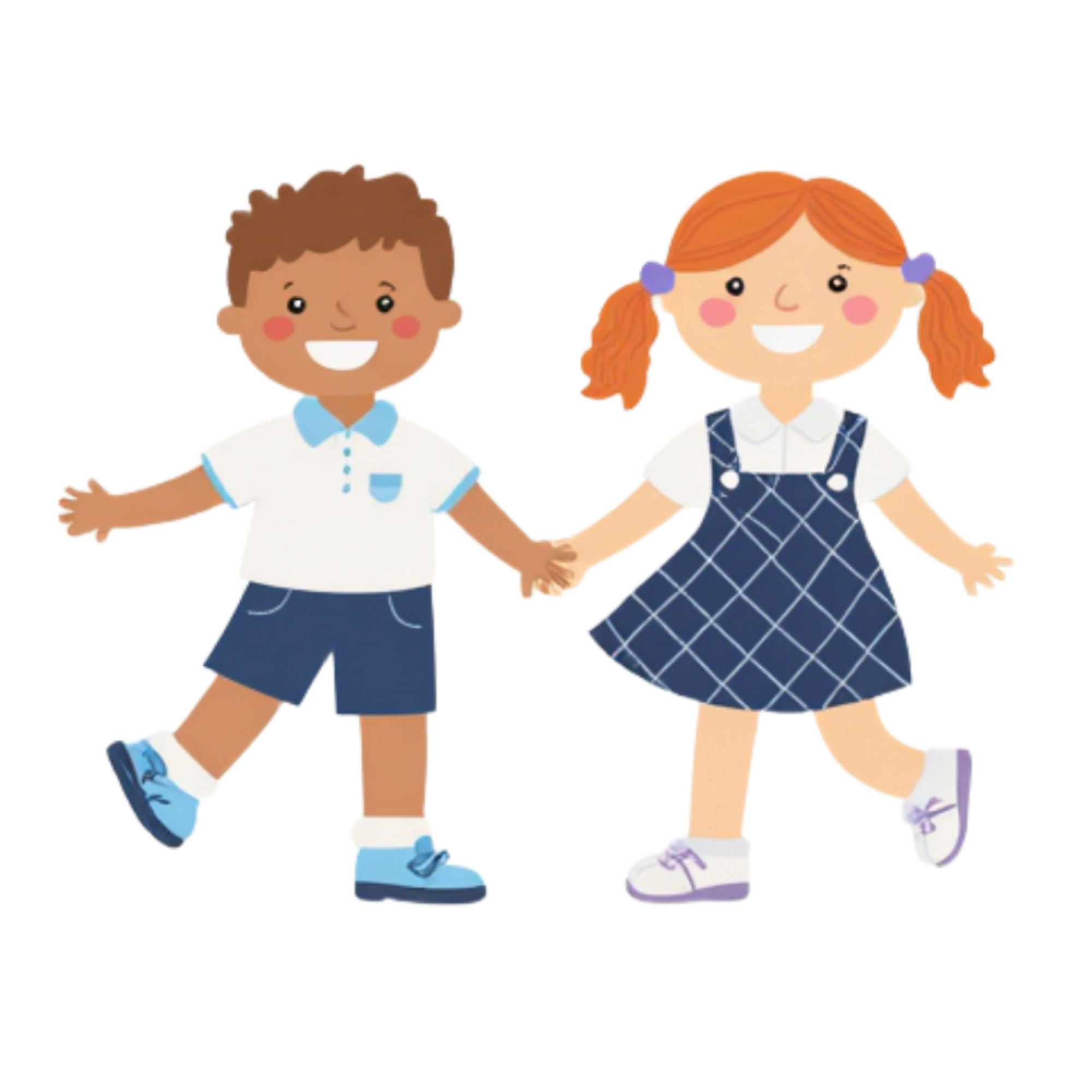Two children, a boy and a girl, holding hands and smiling, dressed in school uniforms, with the boy wearing a white shirt with blue trim and the girl in a blue plaid dress with white shirt and lavender hair ribbons.