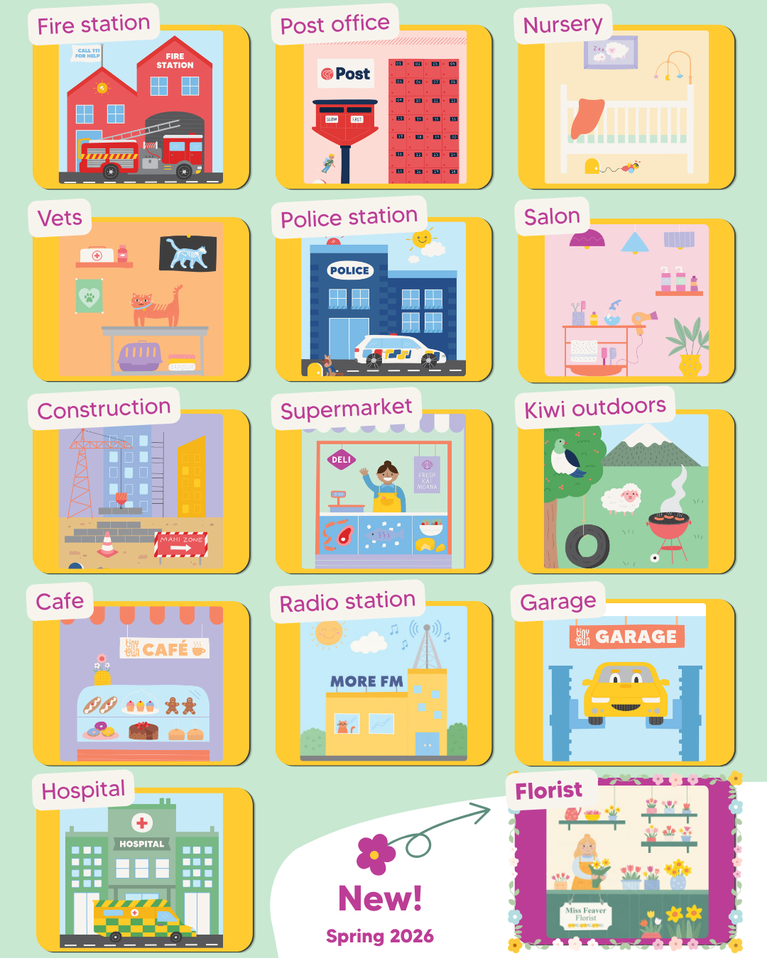 Illustration of various community buildings and places including a fire station, post office, nursery, veterinary clinic, police station, salon, construction site, supermarket, outdoor kiwi area, cafe, radio station, garage, hospital, and a new florist shop opening in Spring 2026.