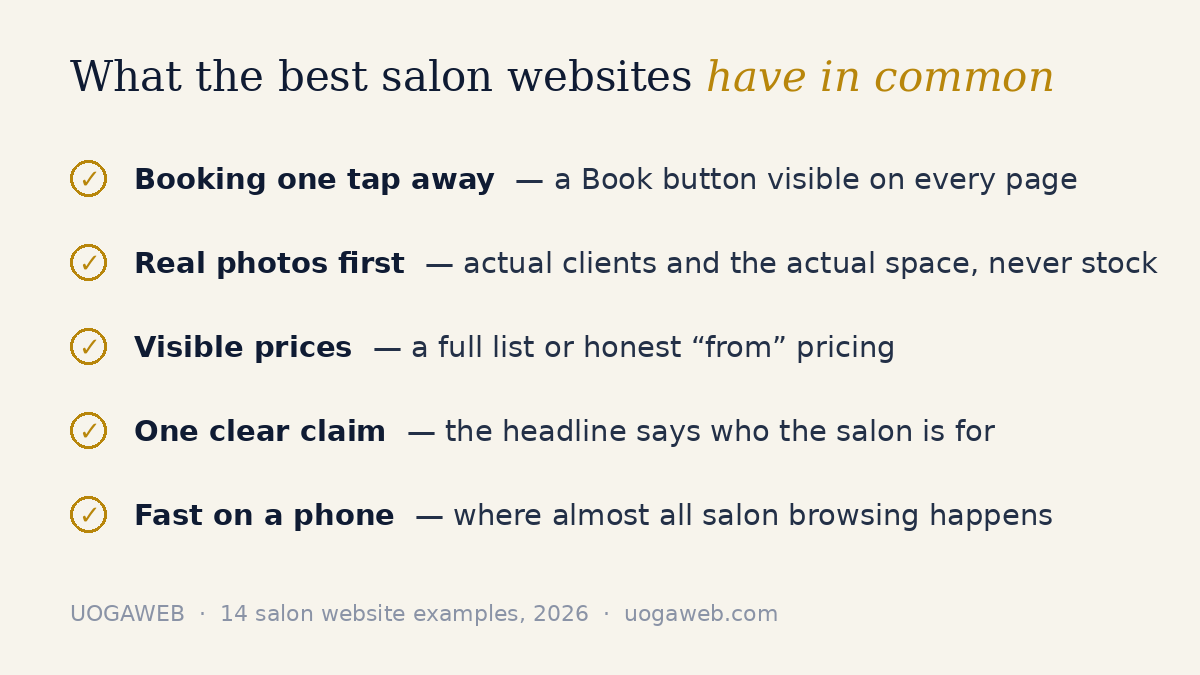 Five things the best hair and beauty salon websites share — instant booking, real photos, visible prices, clear positioning and fast mobile pages