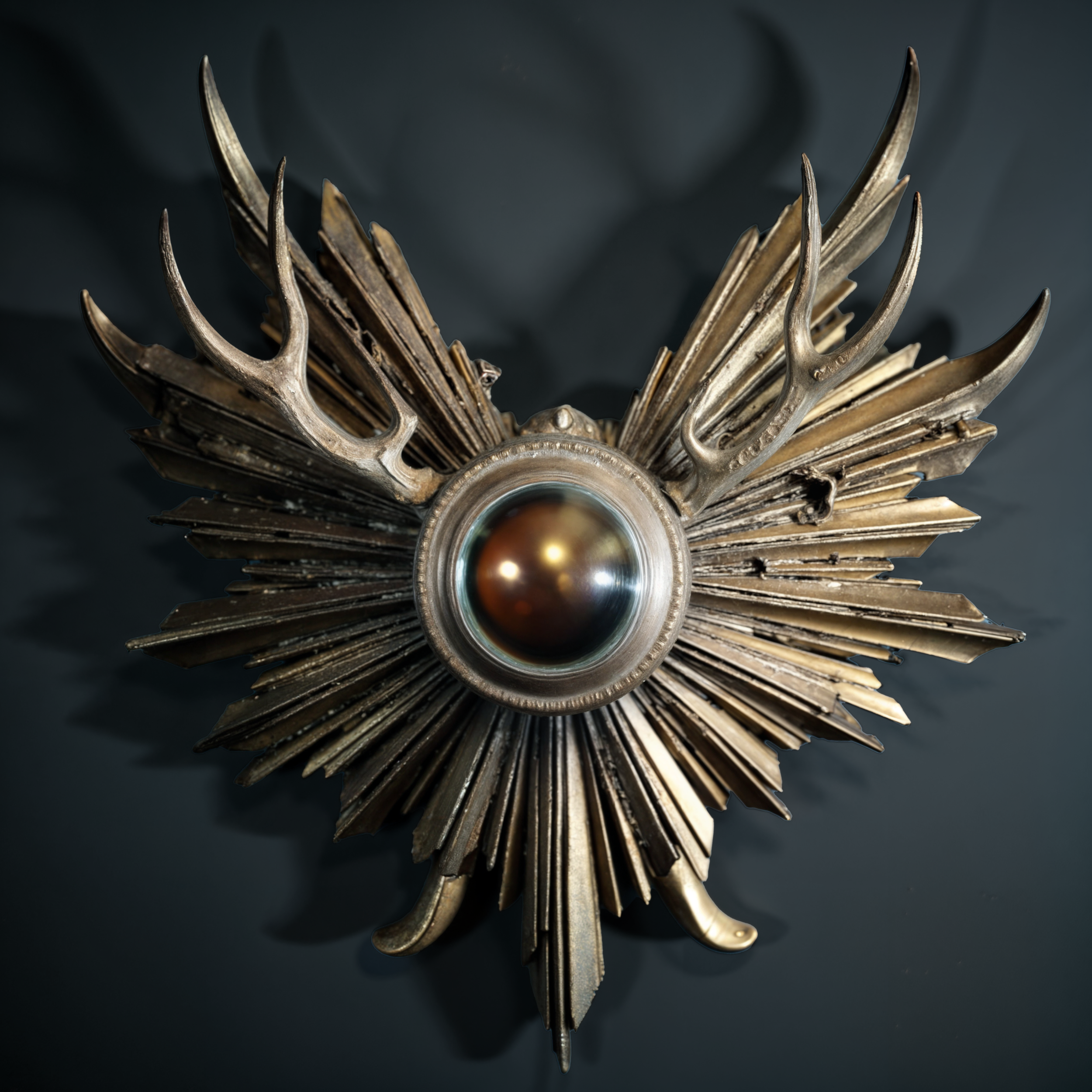 Decorative metal wall ornament with sunburst and antler-like designs