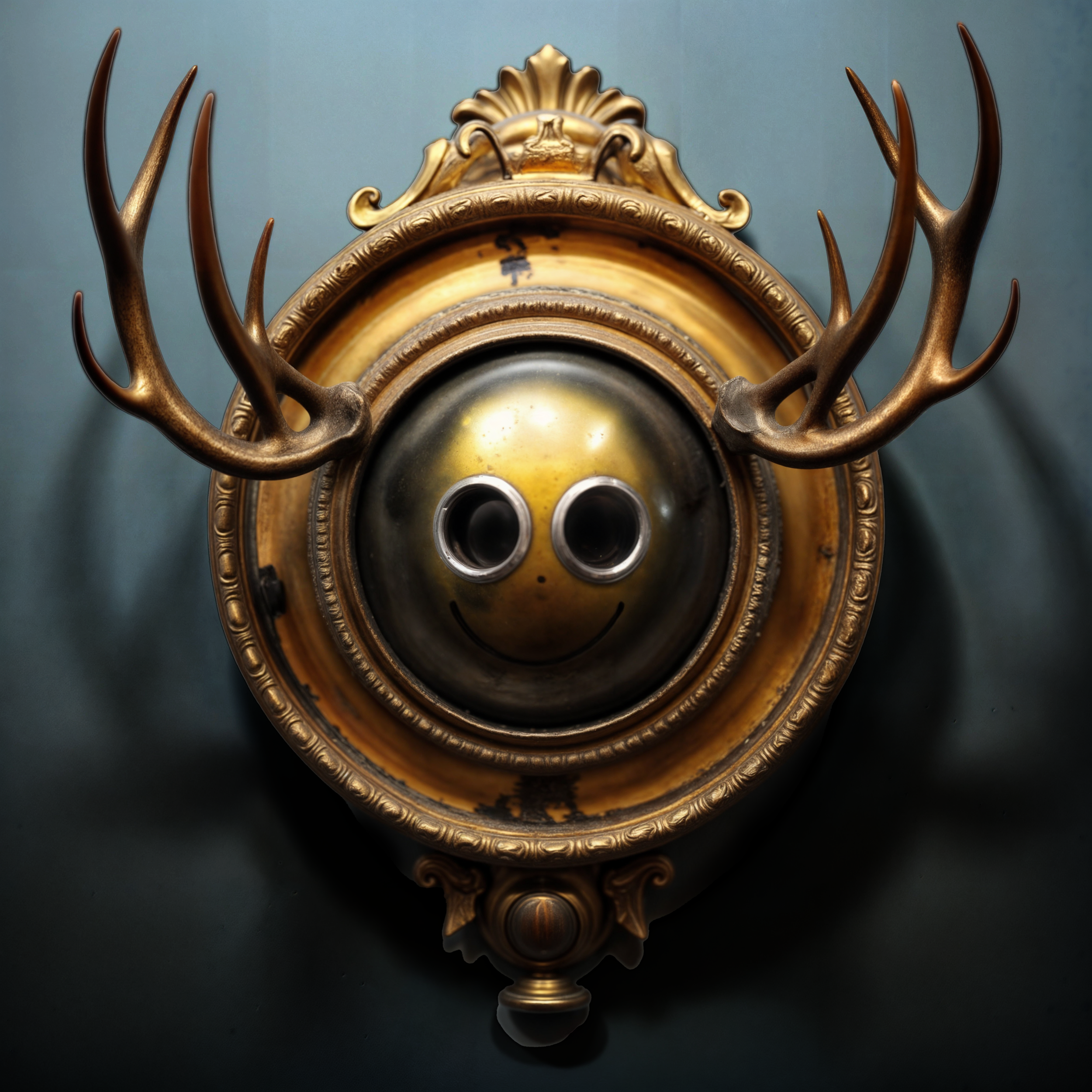 Decorative wall-mounted sculpture with a smiley face, ornate golden frame, and antlers.