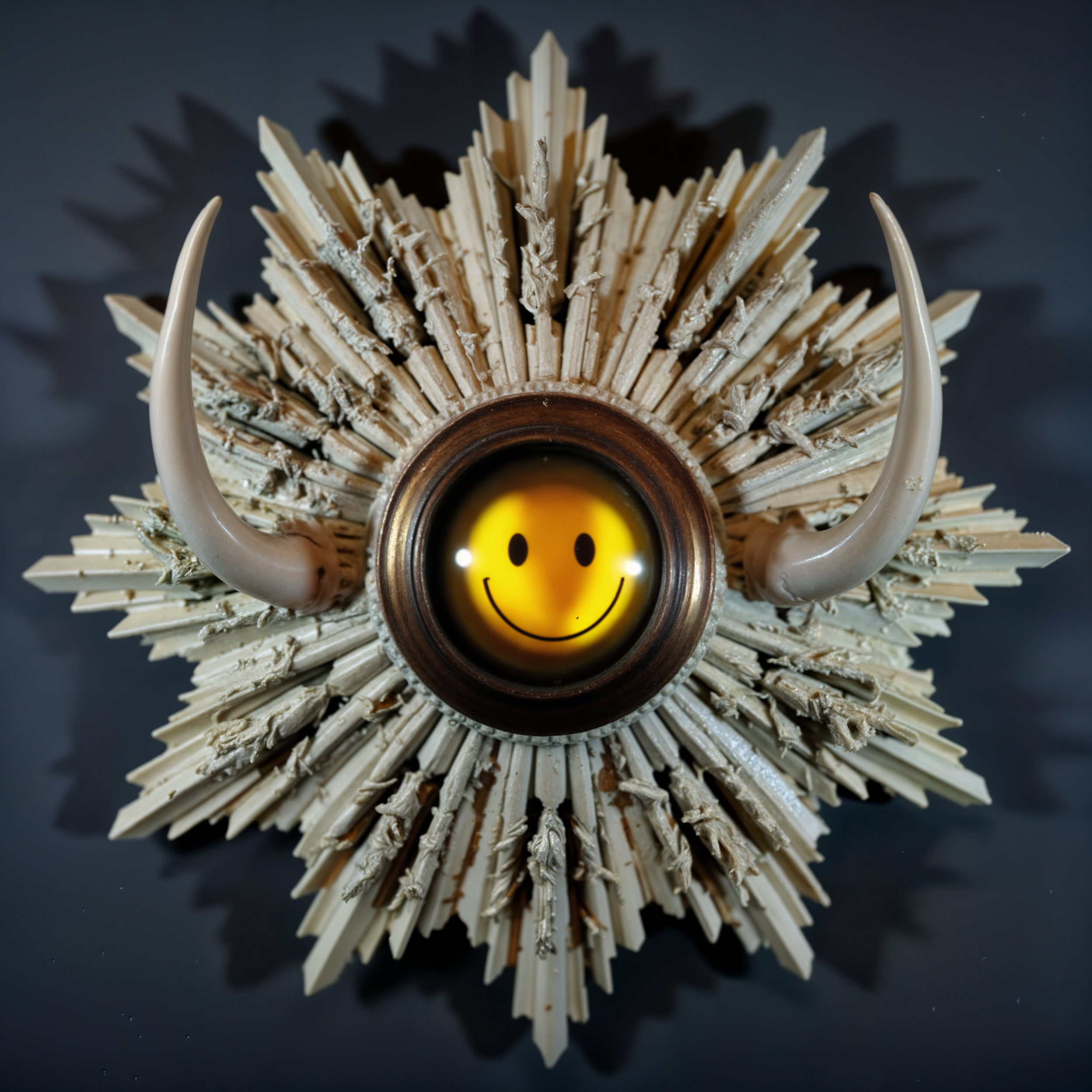 Artistic sculpture featuring a central smiley face with surrounding starburst design and two curved horns on a dark background.