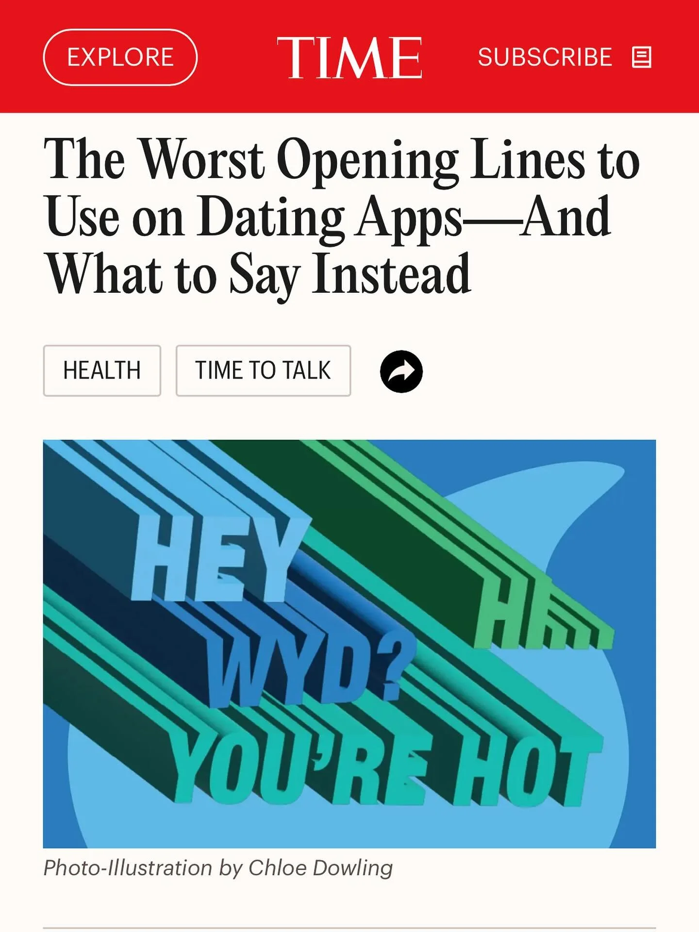 What an honor to be quoted in @time this week in their article, &ldquo;The Worst Opening Lines to Use on Dating Apps &mdash; And What to Say Instead.&rdquo; 📰💌 (link in bio)

I had so much fun doing this interview! I met my husband on a dating app,