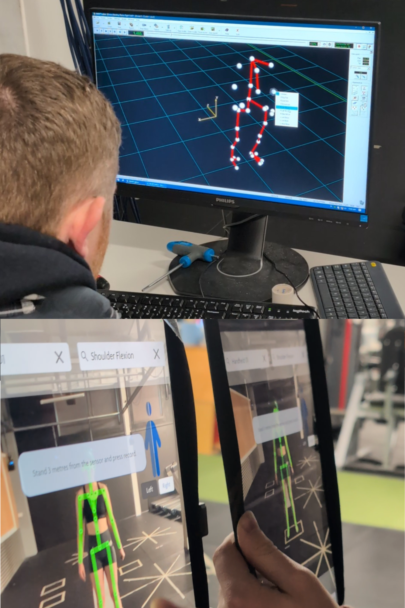 A person working on motion capture technology, with the first image showing a computer screen displaying a 3D skeletal model, and the second image showing a mobile device capturing a 3D augmented reality model of a human figure in a lab setting.