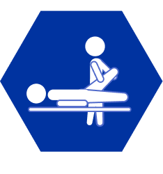 Icon of a person in a wheelchair being assisted by another person, representing mobility assistance, labeled 'Mobility (PROM)'.
