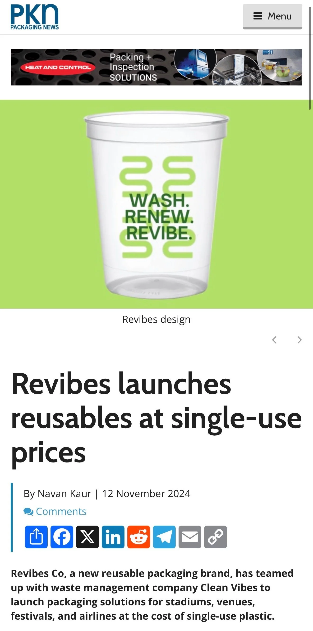 A webpage featuring a white reusable plastic cup with green text that reads 'WASH. RENEW. REVIVE.' and a green background, with a headline about Revibes launching reusable products.