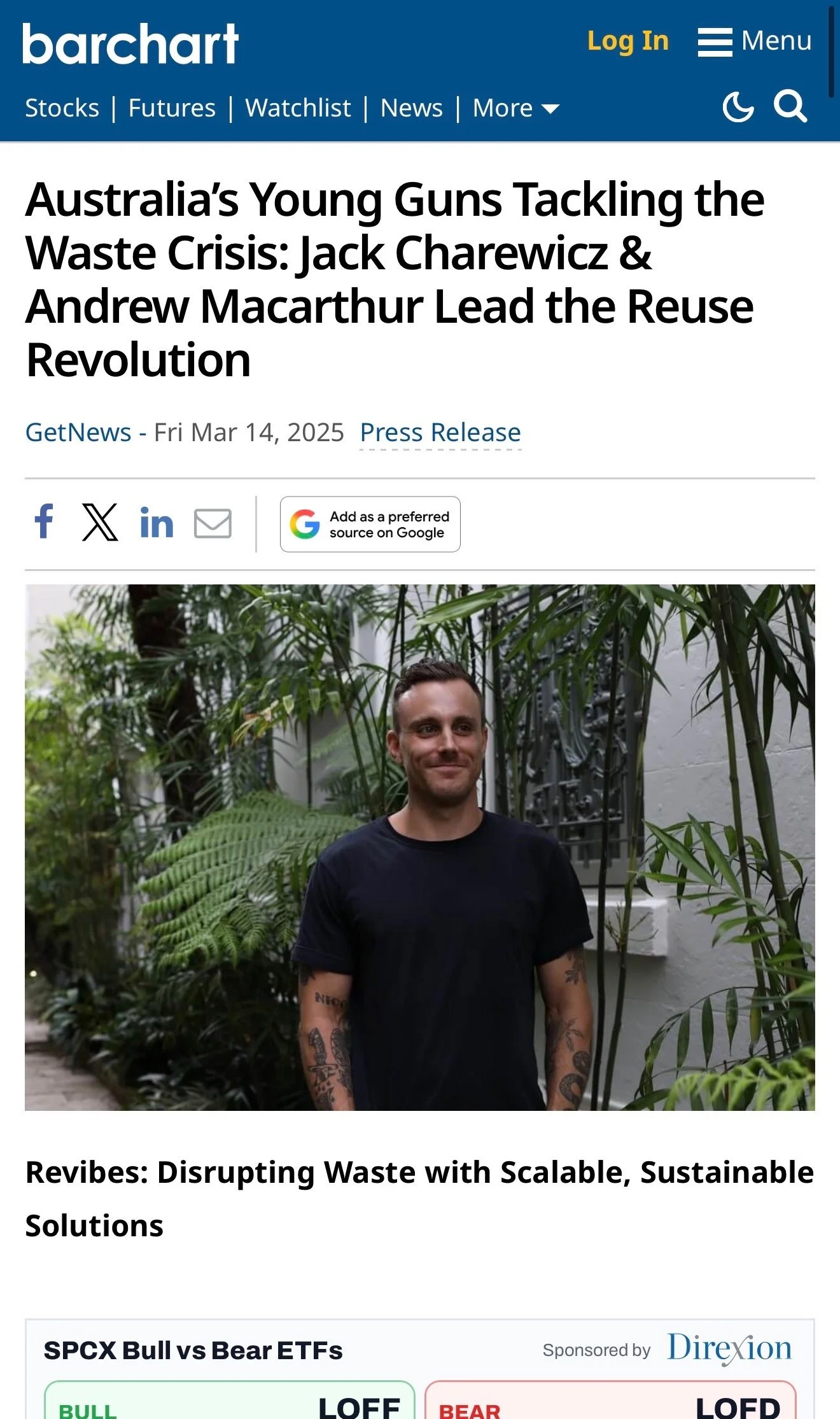 A news article webpage featuring a man standing outdoors among lush green plants, with a headline about Australia's young guns tackling the waste crisis. The webpage includes social media sharing icons and links to related news articles.
