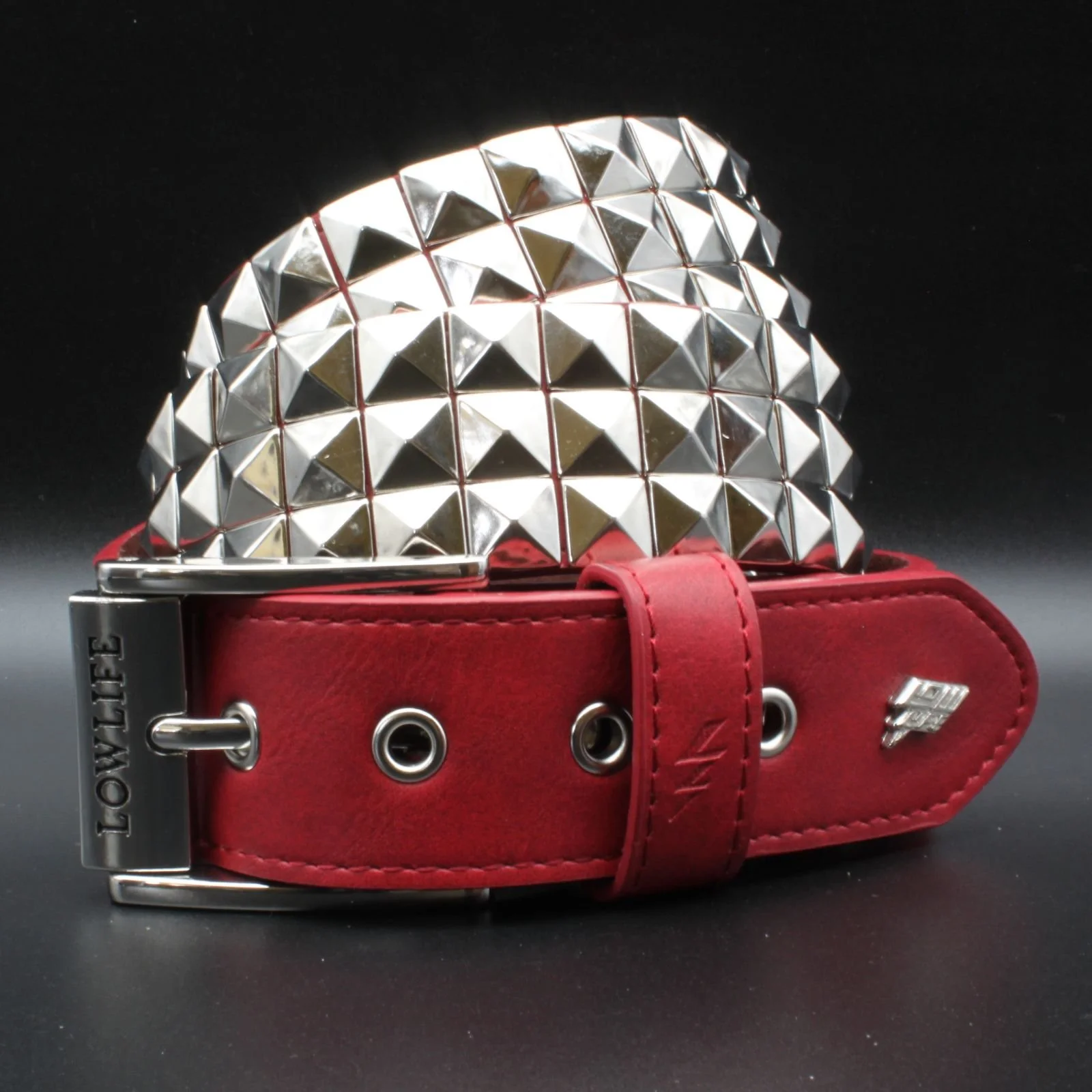 Triple S Studded Leather Belt in Red and Silver