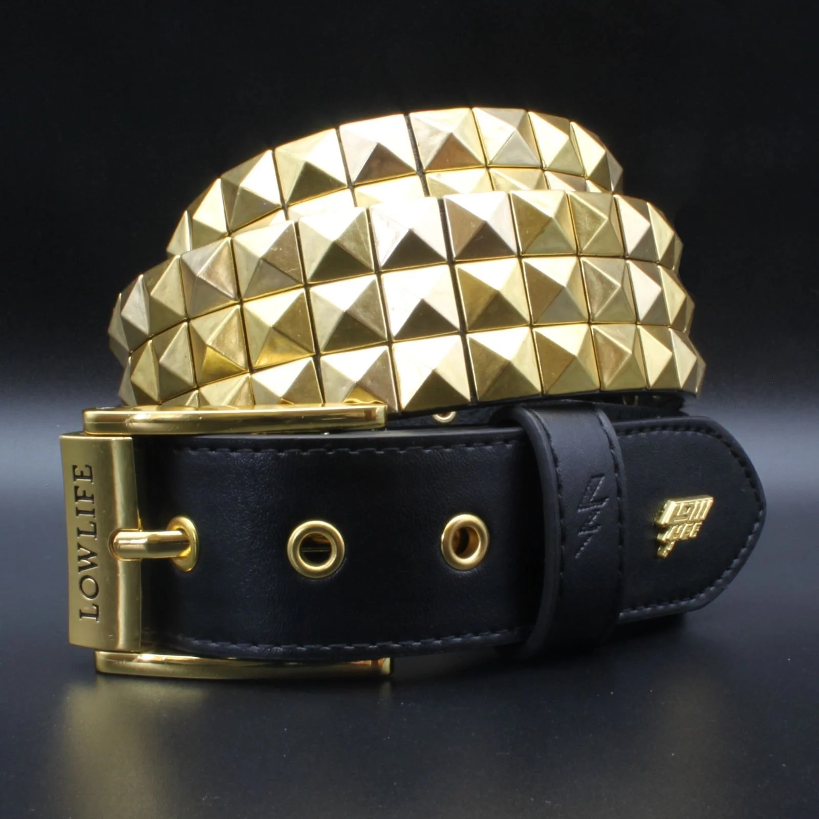 Triple S Studded Leather Belt in Black and Gold