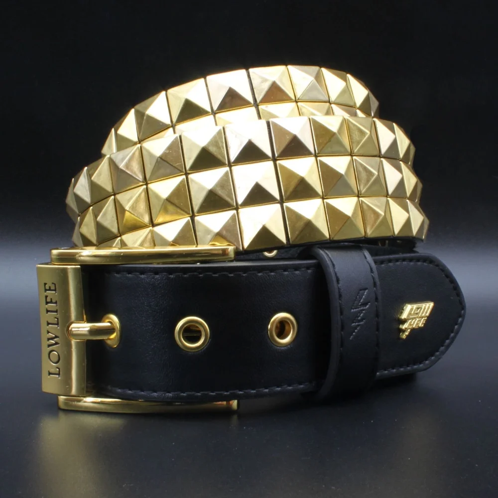 Triple Studded Leather Belt Black and Gold — Lowlife display picture 1