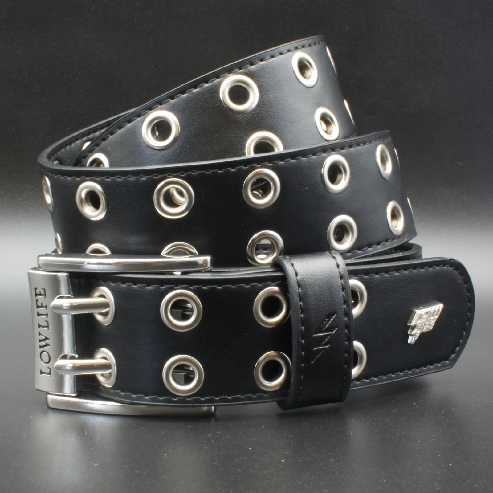 Duplici Vegan Double Eyelet Faux Leather Belt in Black & Silver