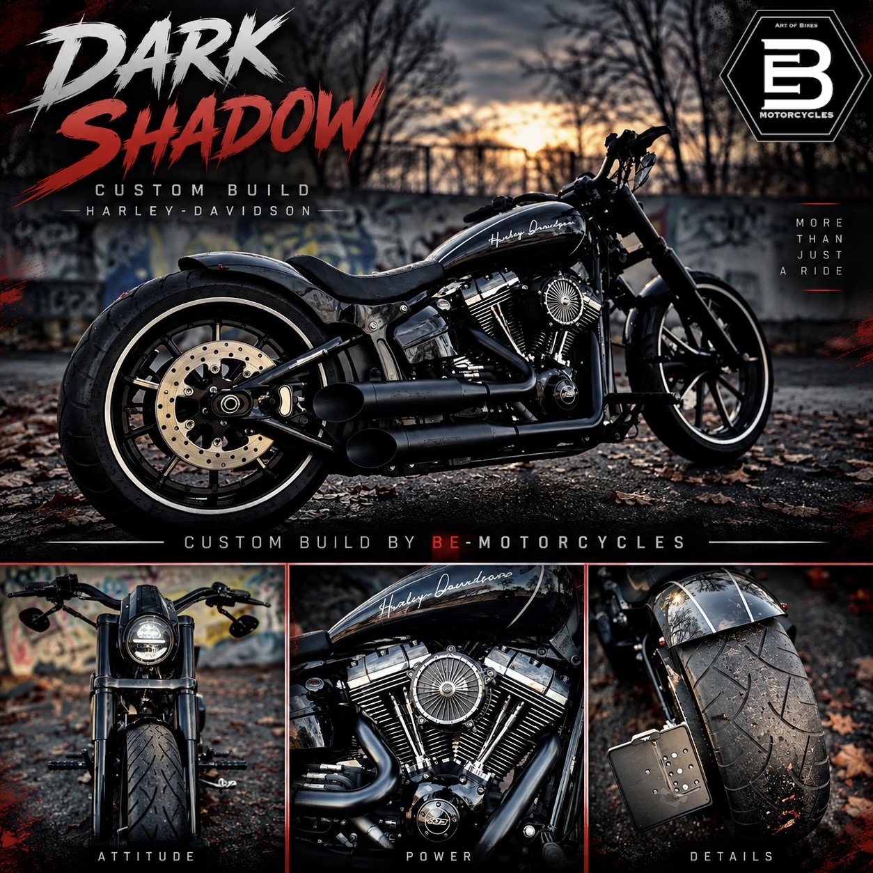 Bilder eines schwarzen Harley-Davidson Motorrads mit schwarzer Verkleidung und Chrome-Details, aufgenommen bei Sonnenuntergang in einem Park. Der obere Teil zeigt das gesamte Motorrad, die unteren Bilder zeigen die Frontansicht, den Motor und das Hinterrad mit Reifenspur. Text auf dem Bild liest sich 'Dark Shadow' und 'BE-Motorcycles'.
