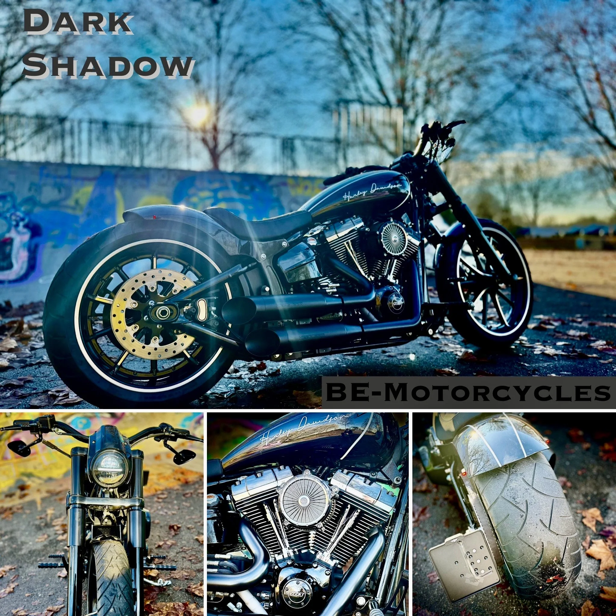 Bilder eines schwarzen Harley-Davidson Motorrads mit schwarzer Verkleidung und Chrome-Details, aufgenommen bei Sonnenuntergang in einem Park. Der obere Teil zeigt das gesamte Motorrad, die unteren Bilder zeigen die Frontansicht, den Motor und das Hinterrad mit Reifenspur. Text auf dem Bild liest sich 'Dark Shadow' und 'BE-Motorcycles'.