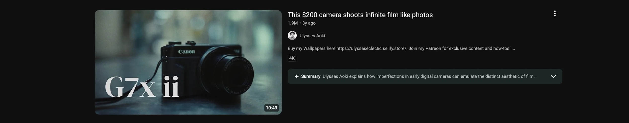 YouTube video listing featuring Ulysses Aoki's review of the Canon G7 X II, titled “This $200 camera shoots infinite film like photos.”