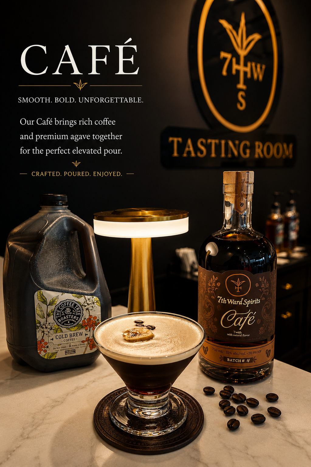 A dark-themed café display featuring a bottle of 7th Ward Spirits Café liqueur, a cold brew coffee jug, a cocktail with a coffee bean garnish, and scattered coffee beans on a marble surface. A sign on the wall mentions the café's rich coffee and premium ingredients.