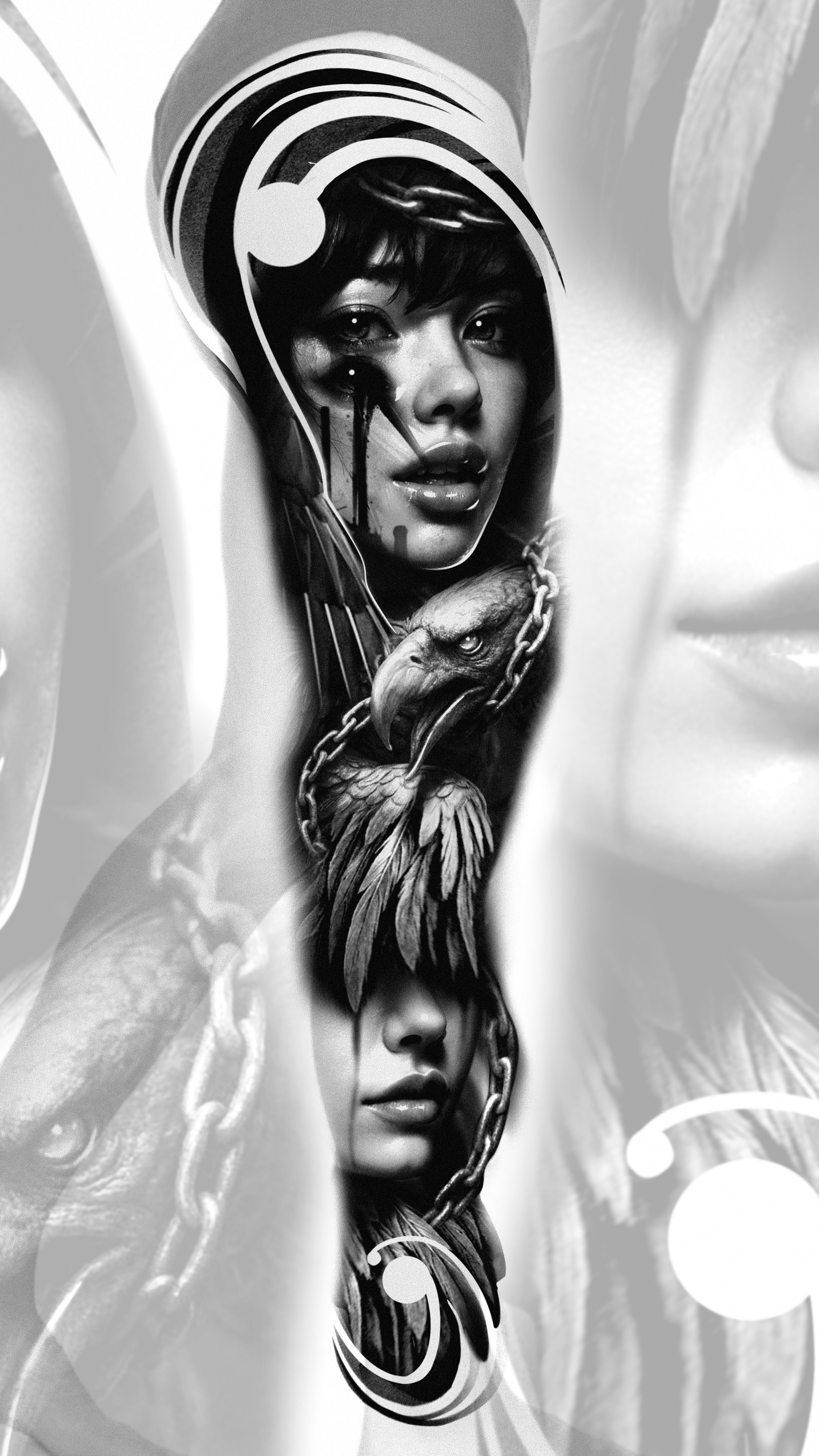Black and white photo of tattoos on a person's body, including a woman's face with chain and eagle tattoo, with abstract swirling designs.