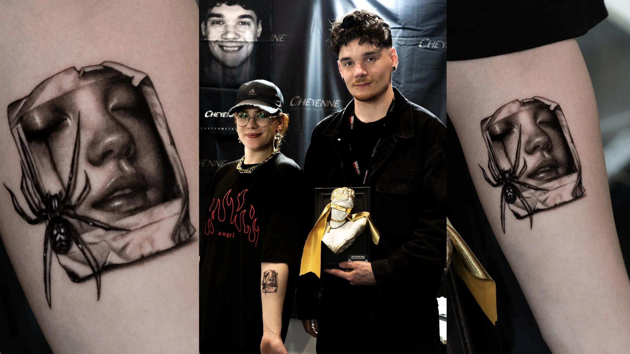 Nahaufnahme eines schwarzen Tattoos auf dem Arm einer Person, das das Gesicht einer Frau mit einer Spinne darauf zeigt.