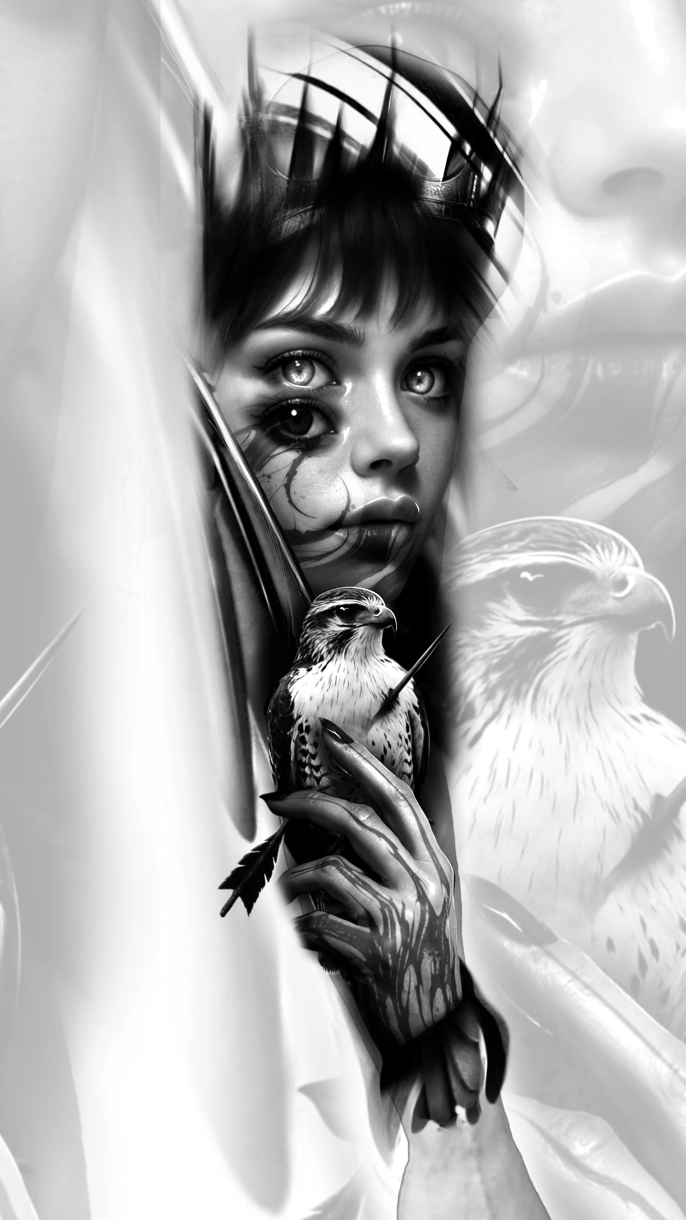 Black and white surreal collage featuring a woman's face with detailed eyes, a crown, a falcon, and a hand holding a rose.