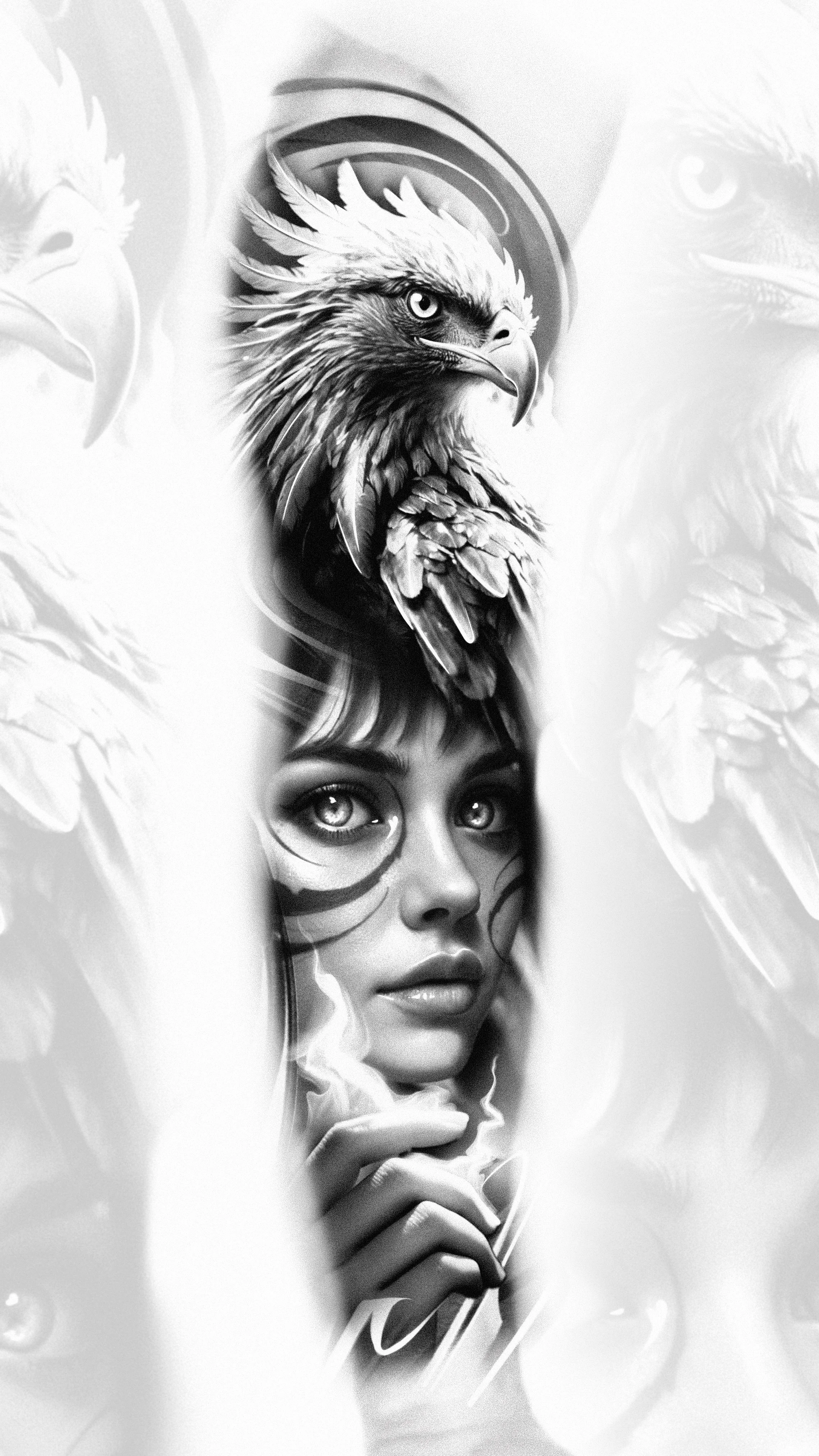 Black and white tattoo of a woman's face with detailed eye makeup, holding her hands near her chin, surrounded by a large eagle with an intense gaze and detailed feathers, blending into her hair.