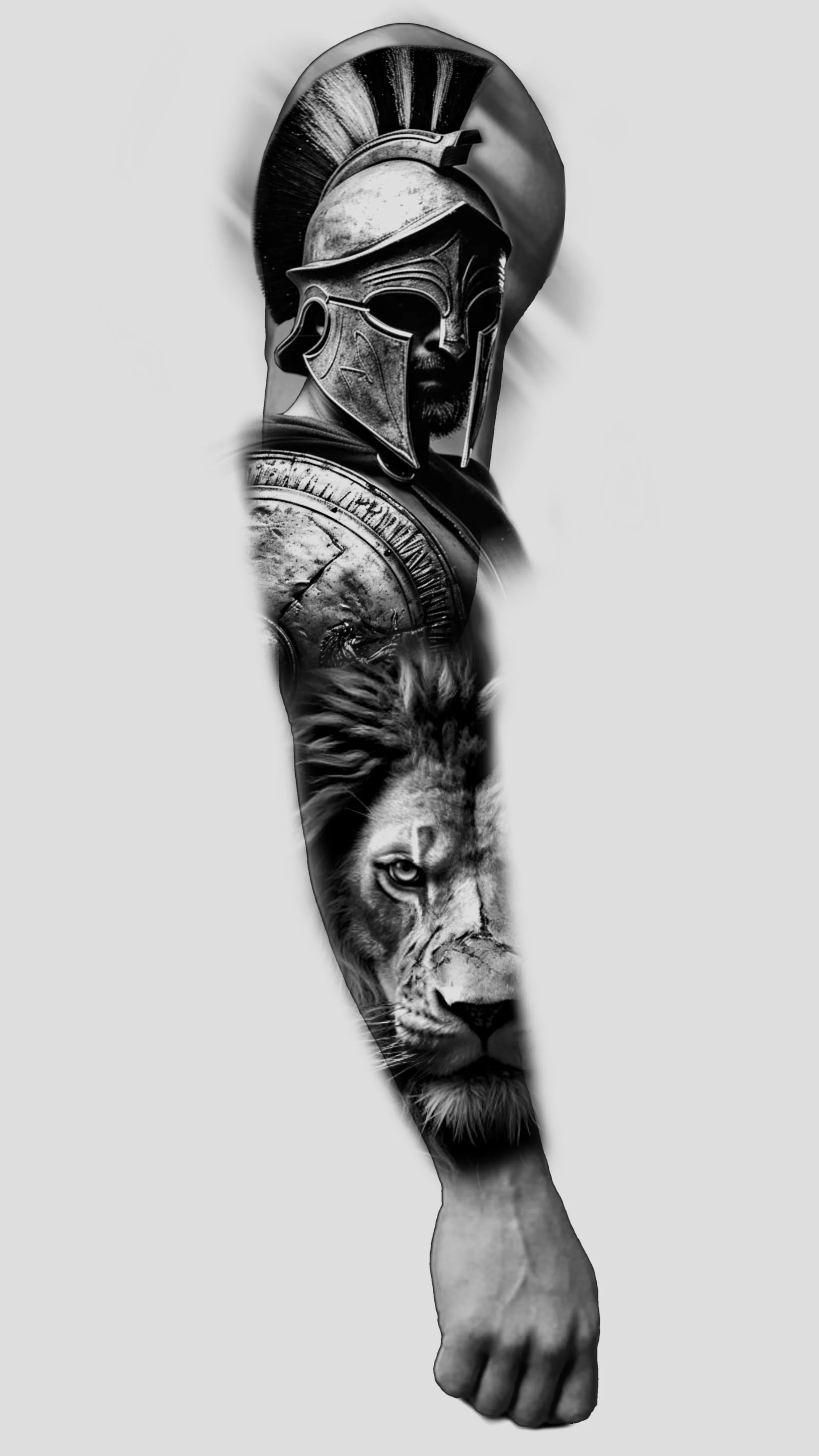 A black and white tattoo combining a Roman soldier's helmet and shield with a lion's face in the arm.