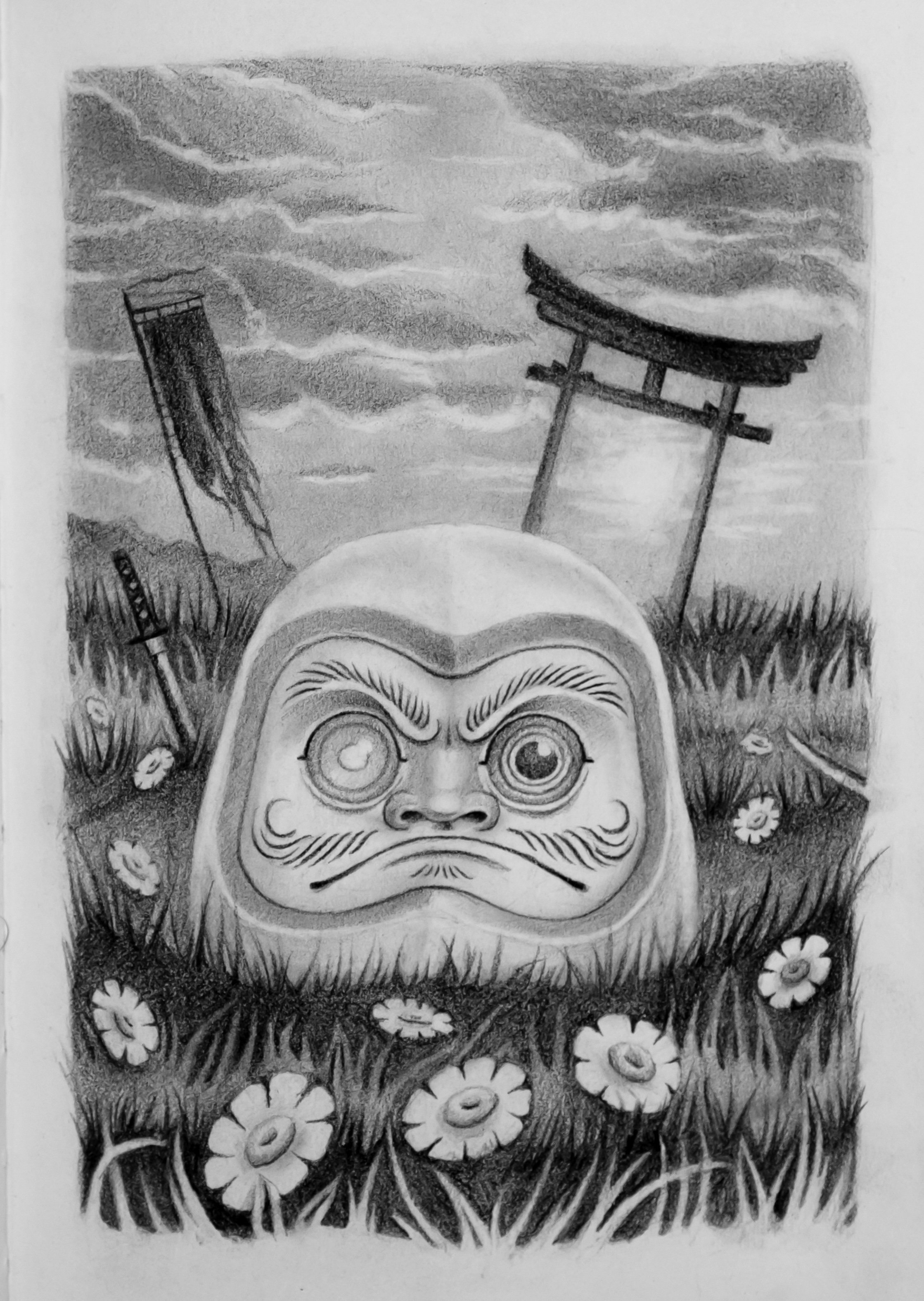 Black and white drawing of a traditional Japanese Daruma doll with a stern face, surrounded by grass and flowers, overlooking a landscape with cloudy sky, a wooden torii gate, and a tall ladder under the cloudy sky.