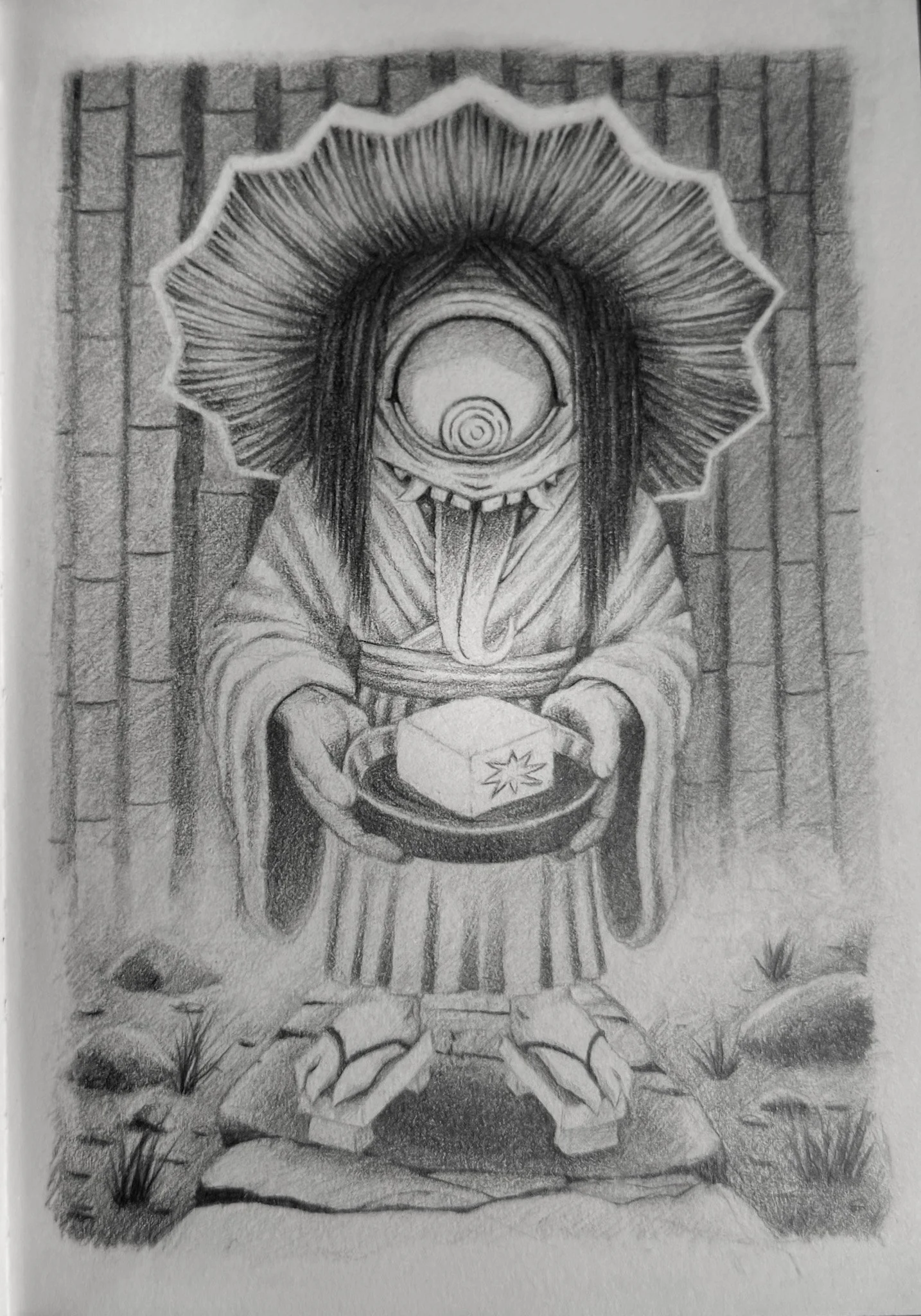 Black and white sketch of a figure with a skull-like face wearing a large feathered headdress, sitting cross-legged on a stone path outside a stone building with a wooden door. The figure holds a tray with a cube featuring a star symbol.