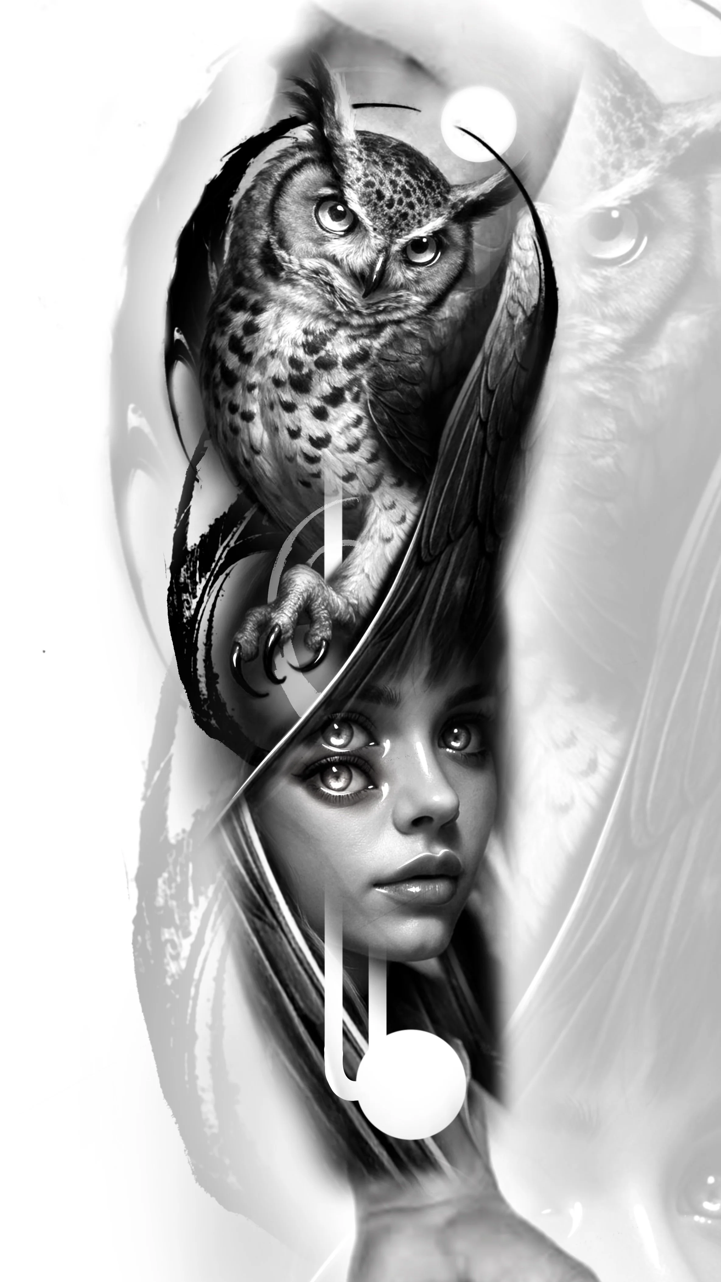 Black and white tattoo-style artwork featuring a woman's face, a hunting owl, and abstract design elements.