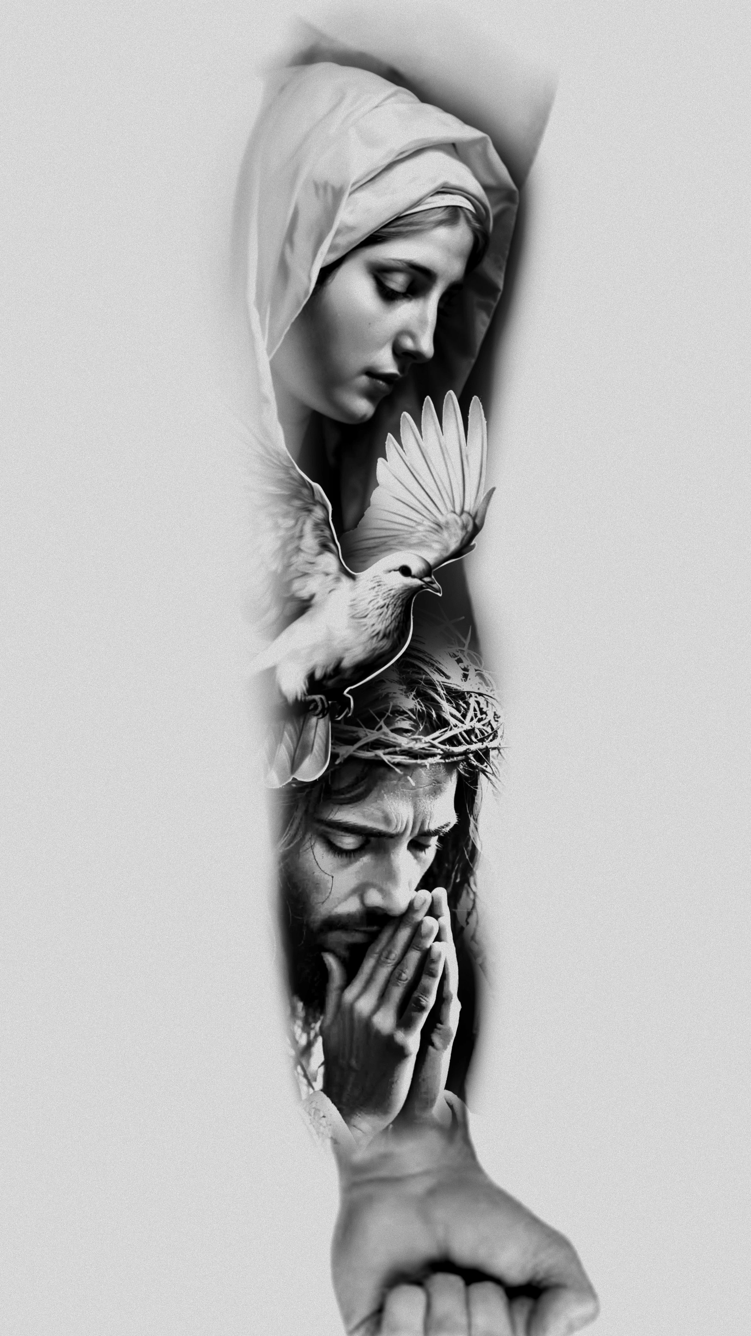 Black and white collage of religious and emotional imagery, including a woman with a headscarf, a praying man with closed eyes, a dove, and a crown of thorns.