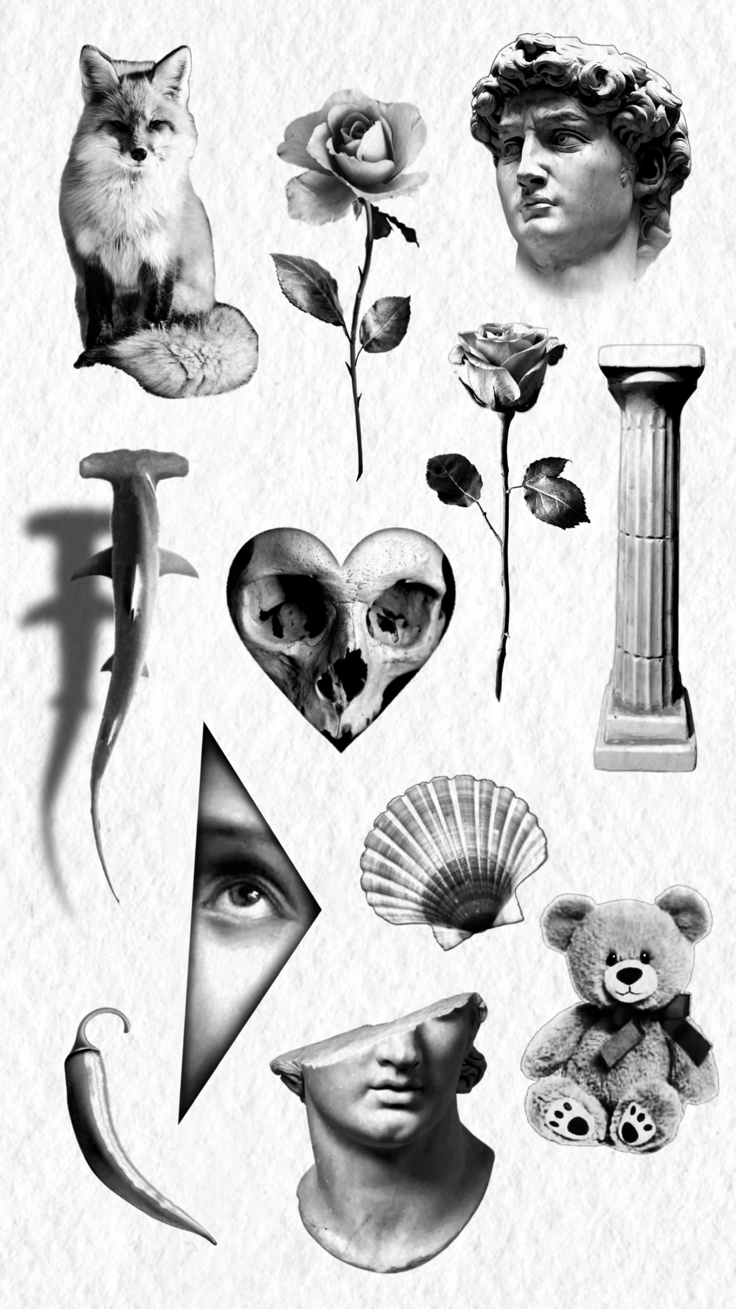 Black and white collage featuring a fox, a human eye, a Teddy bear, a shell, a classical bust, a flower, a skull heart, a column, a lady's face, a scallop shell, a bear, an umbrella, a spoon, a mushroom, a rose, a head bust, and a male bust.