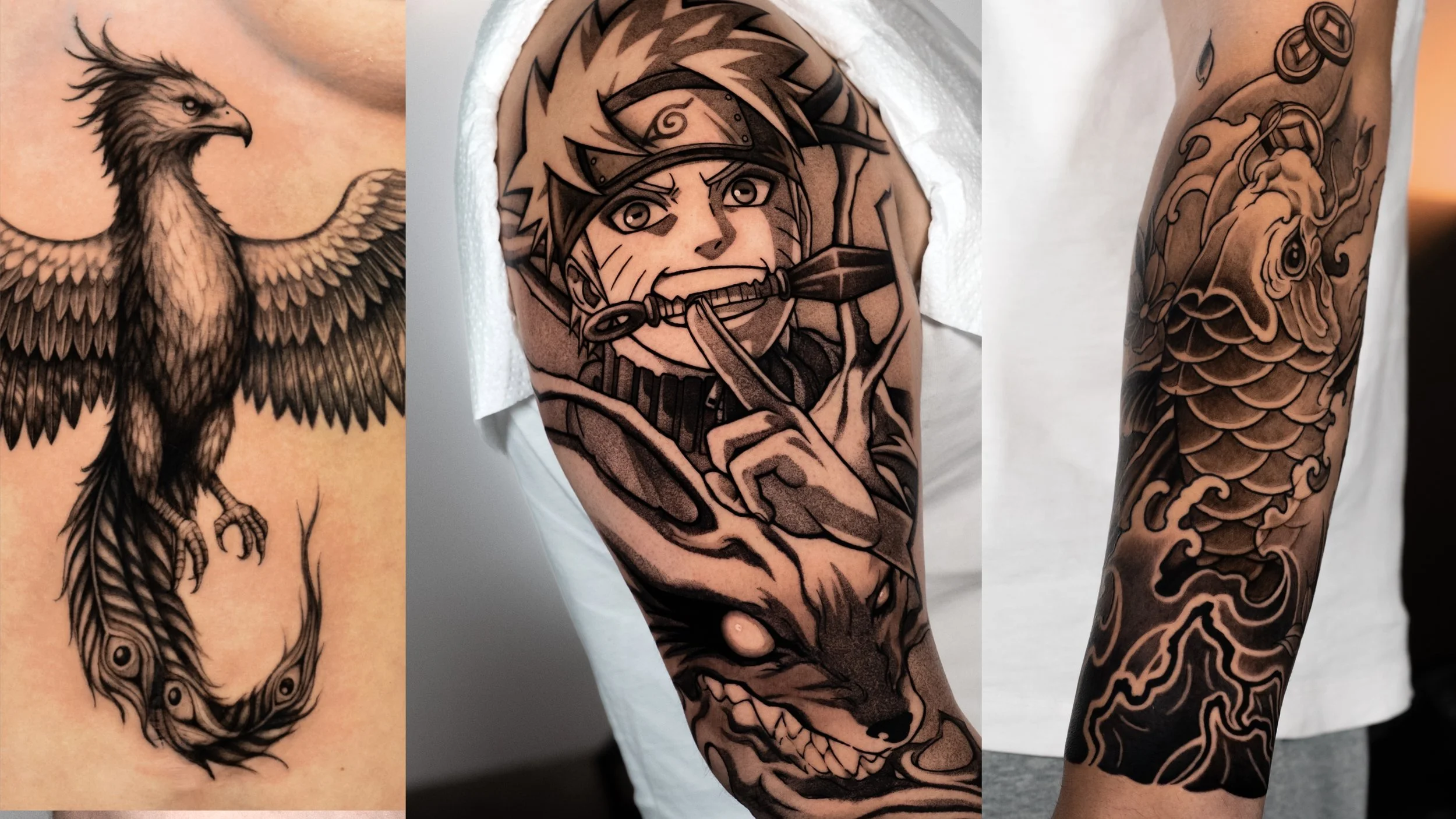 Drei Tattoos: ein detailreiches, in Schwarz und Grau gehaltenes Adler-Tattoo auf der Brust, eine Figur im Cartoon-Stil mit stacheligen Haaren, die einen Dartpfeil in der Hand hält, auf dem Arm und ein Drache im traditionellen Stil auf dem Unterarm.