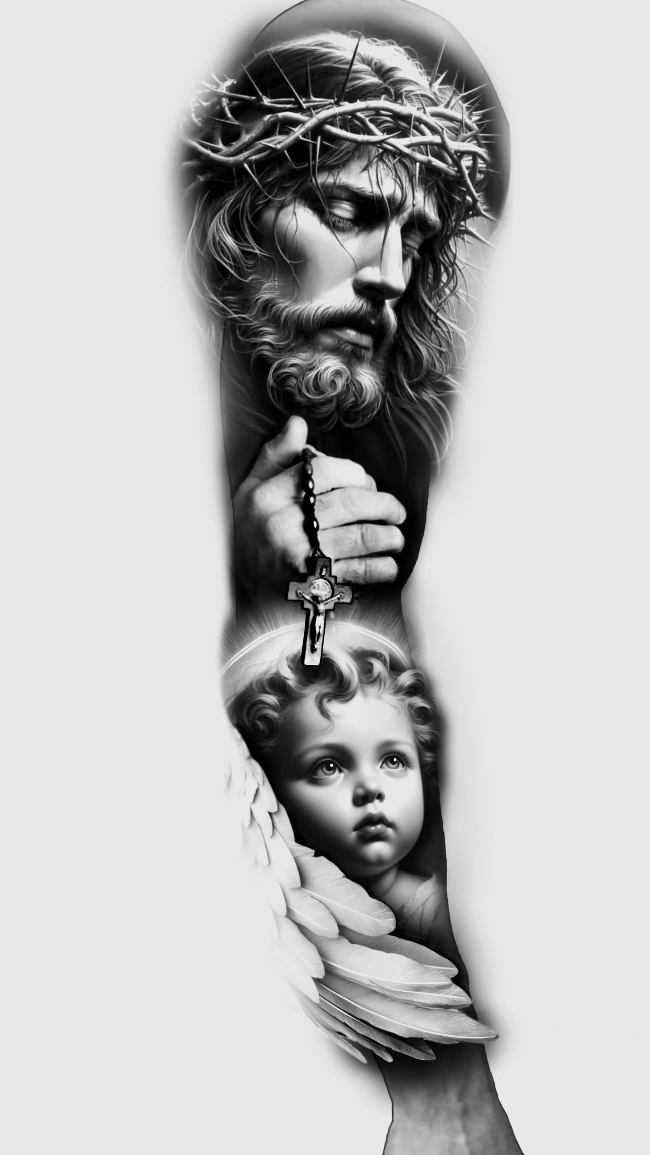 A grayscale illustration of Jesus Christ with a crown of thorns on his head, holding a rosary, with a divine light emanating from his chest. Below, a young girl with curly hair and expressive eyes looks upward, surrounded by angel wings.