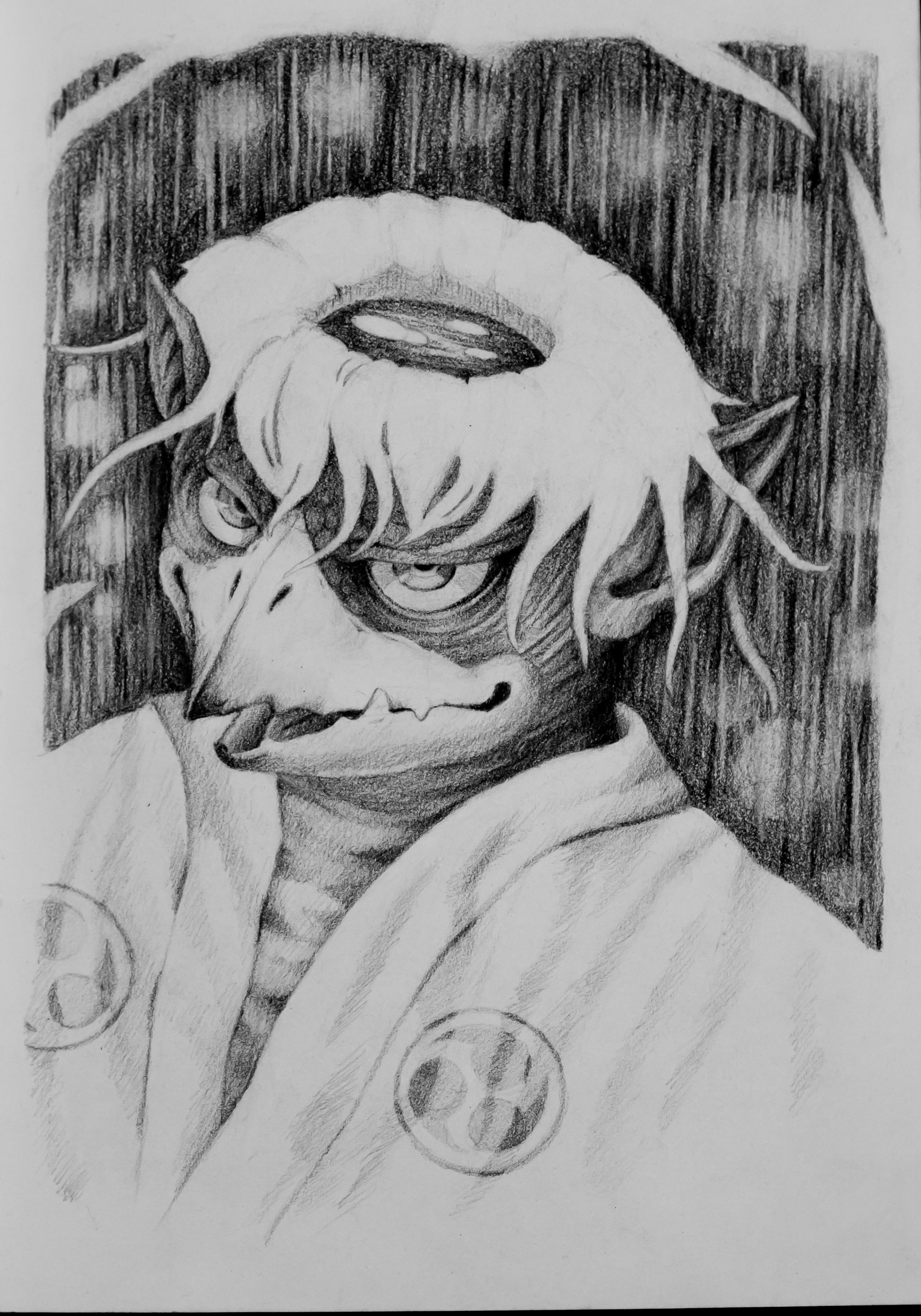 A detailed black and white pencil drawing of a kappa  a background featuring a patterned curtain or wall with swirls and circles.